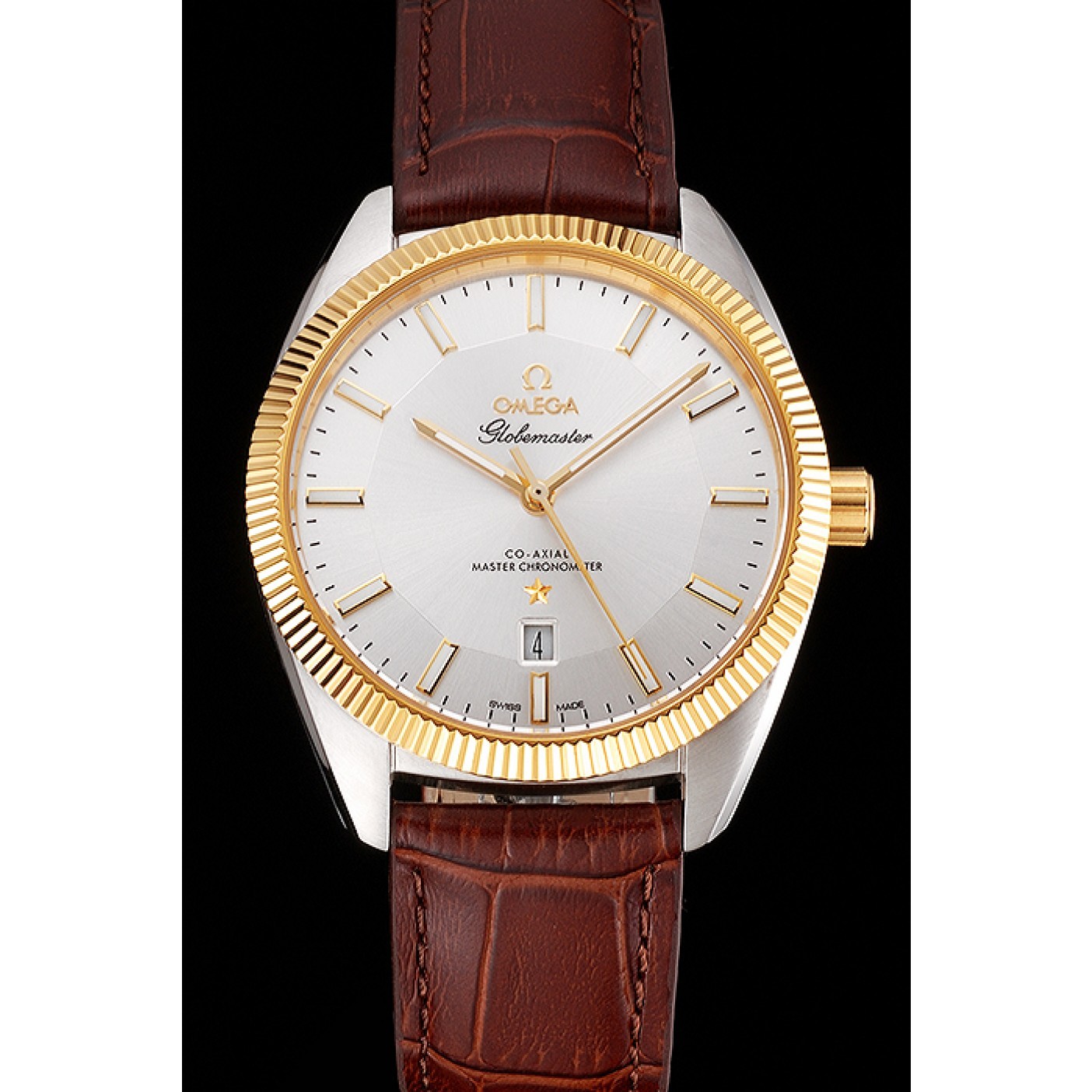 Omega Globemaster Silver Dial Gold Bezel Stainless Steel Case Brown Leather Strap