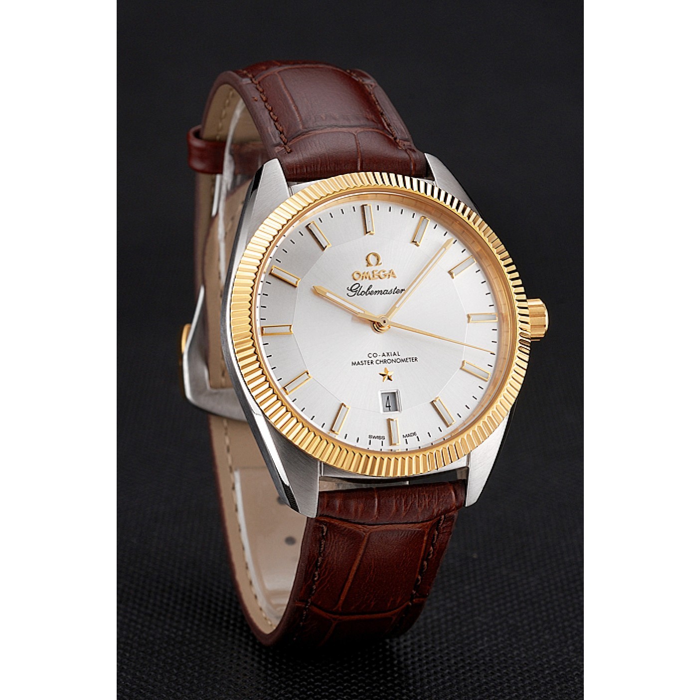 Omega Globemaster Silver Dial Gold Bezel Stainless Steel Case Brown Leather Strap