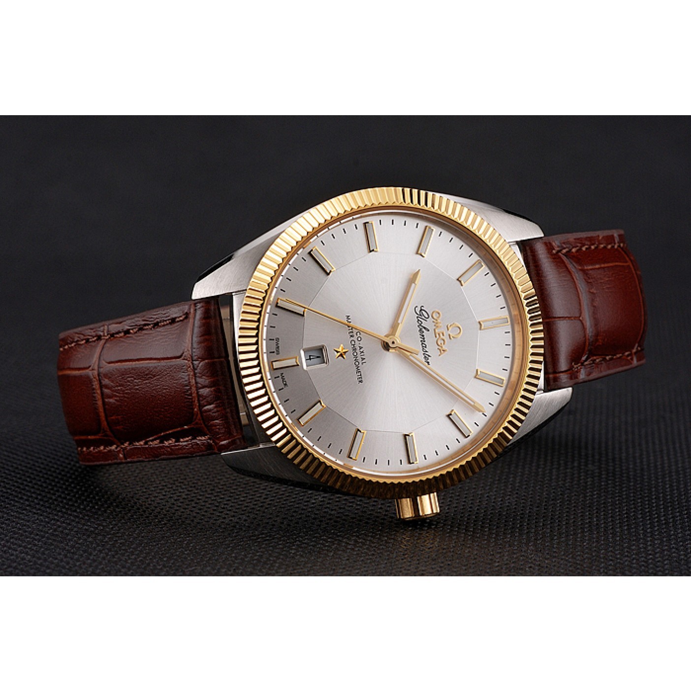 Omega Globemaster Silver Dial Gold Bezel Stainless Steel Case Brown Leather Strap