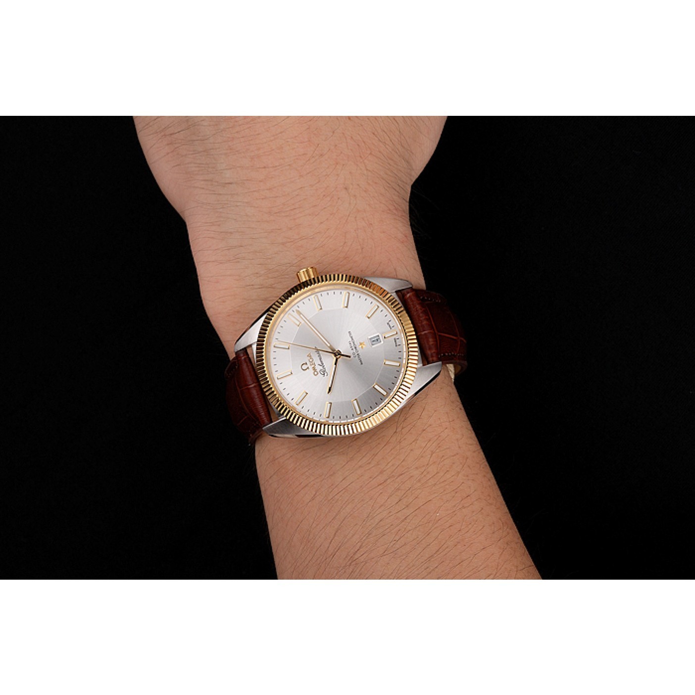 Omega Globemaster Silver Dial Gold Bezel Stainless Steel Case Brown Leather Strap