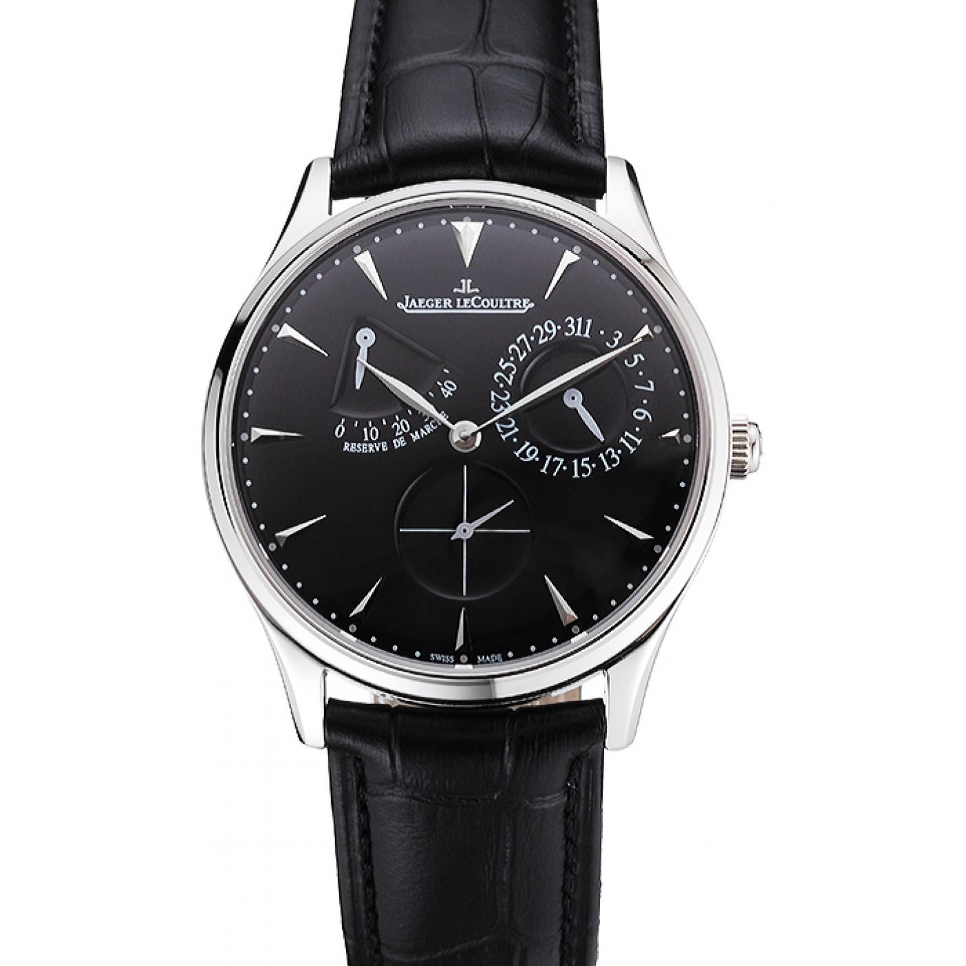 Swiss Jaeger LeCoultre Master Ultra Thin Reserve De Marche Black Dial Stainless Steel Case Black Leather Strap