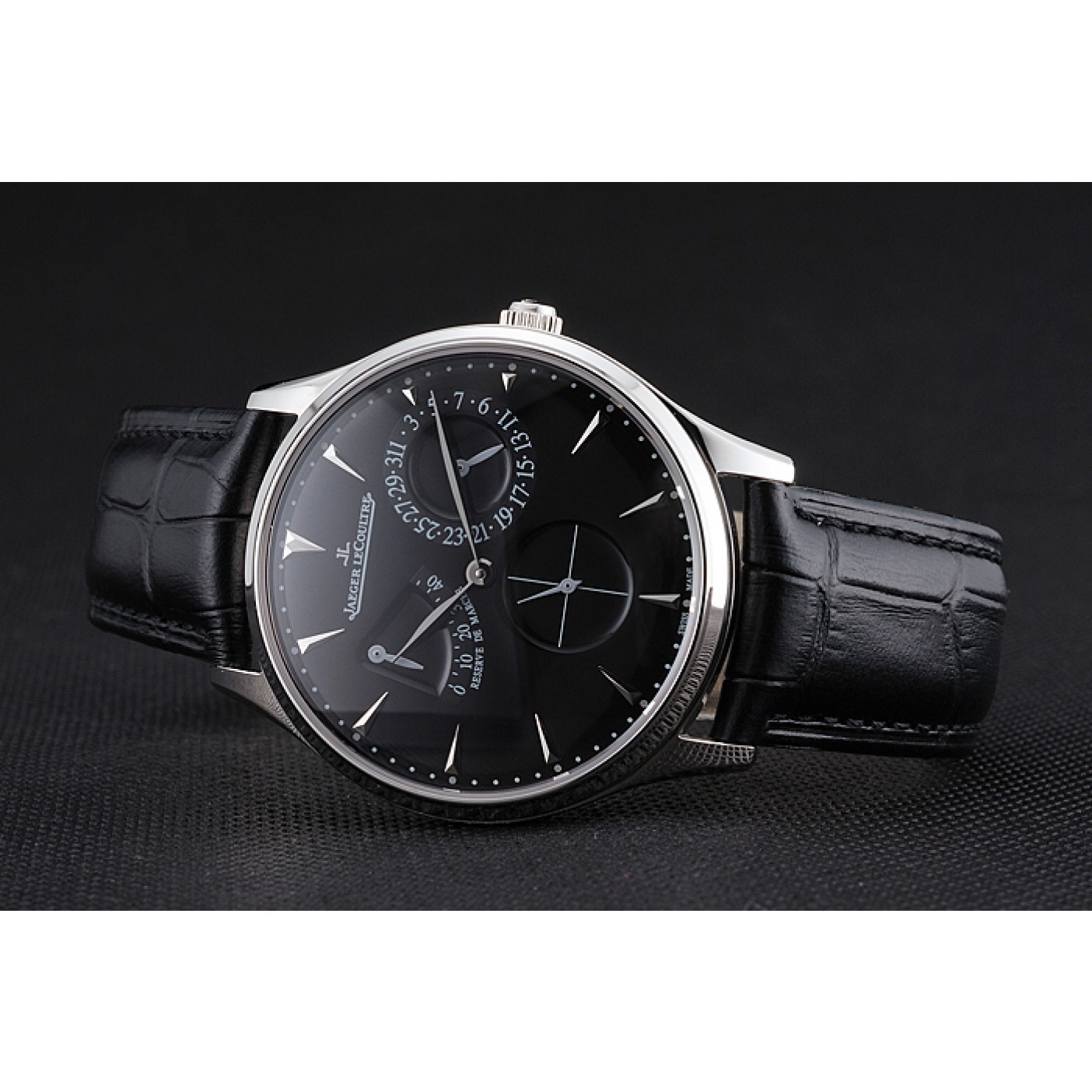 Swiss Jaeger LeCoultre Master Ultra Thin Reserve De Marche Black Dial Stainless Steel Case Black Leather Strap