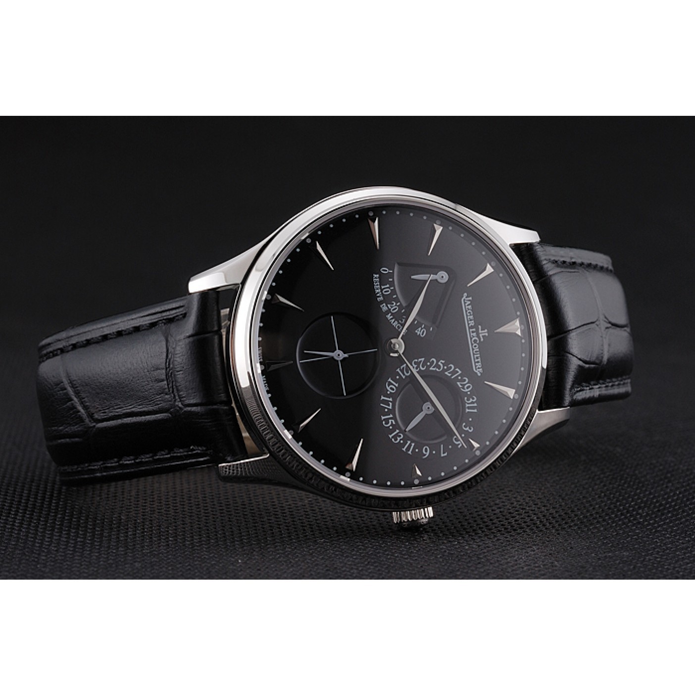 Swiss Jaeger LeCoultre Master Ultra Thin Reserve De Marche Black Dial Stainless Steel Case Black Leather Strap