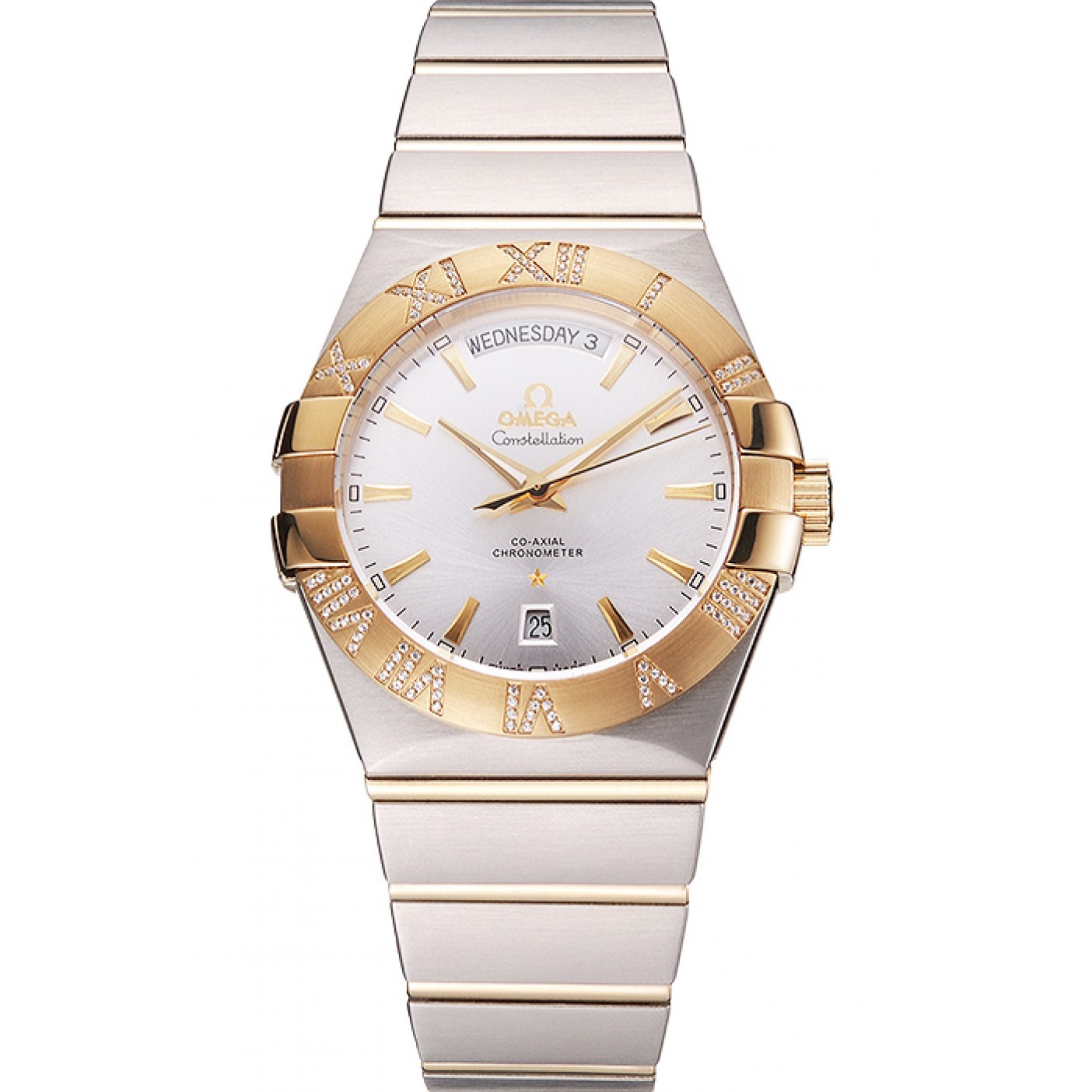 Swiss Omega Constellation White Dial Stainless Steel Case Gold Bezel Two Tone Bracelet