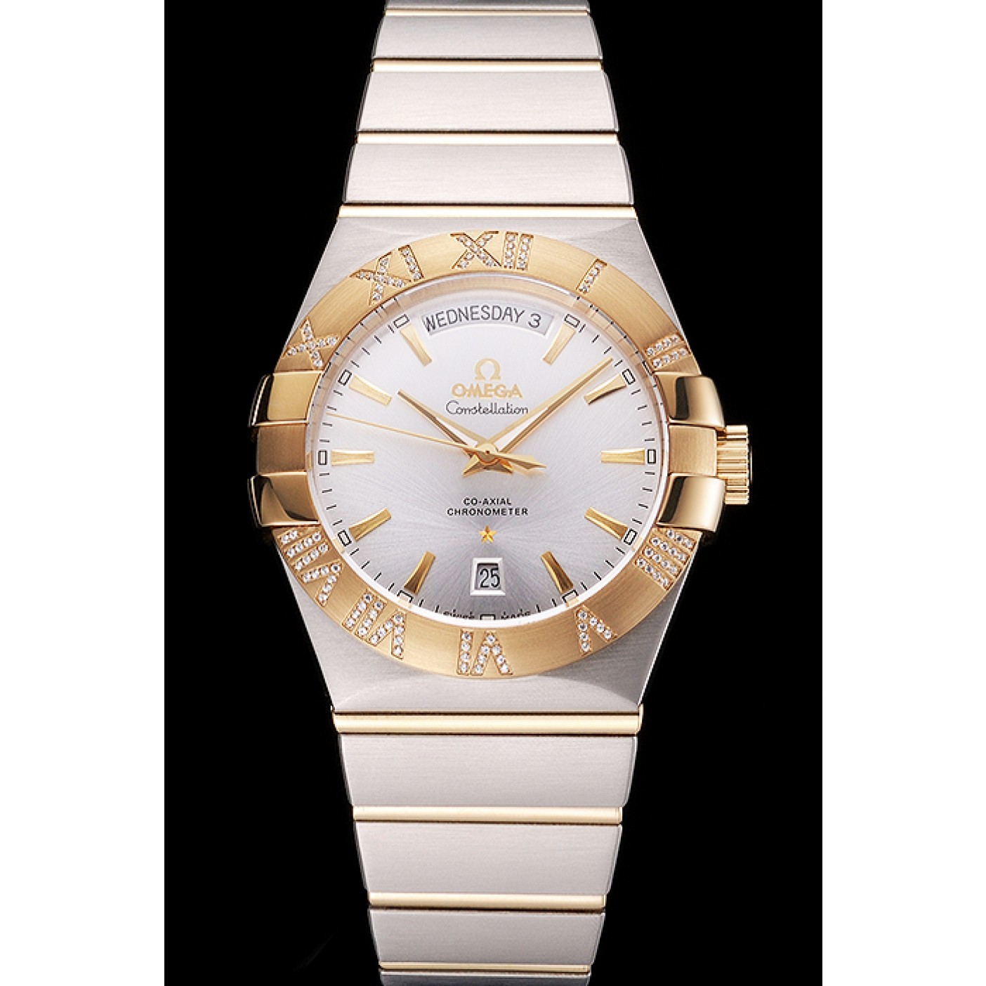 Swiss Omega Constellation White Dial Stainless Steel Case Gold Bezel Two Tone Bracelet