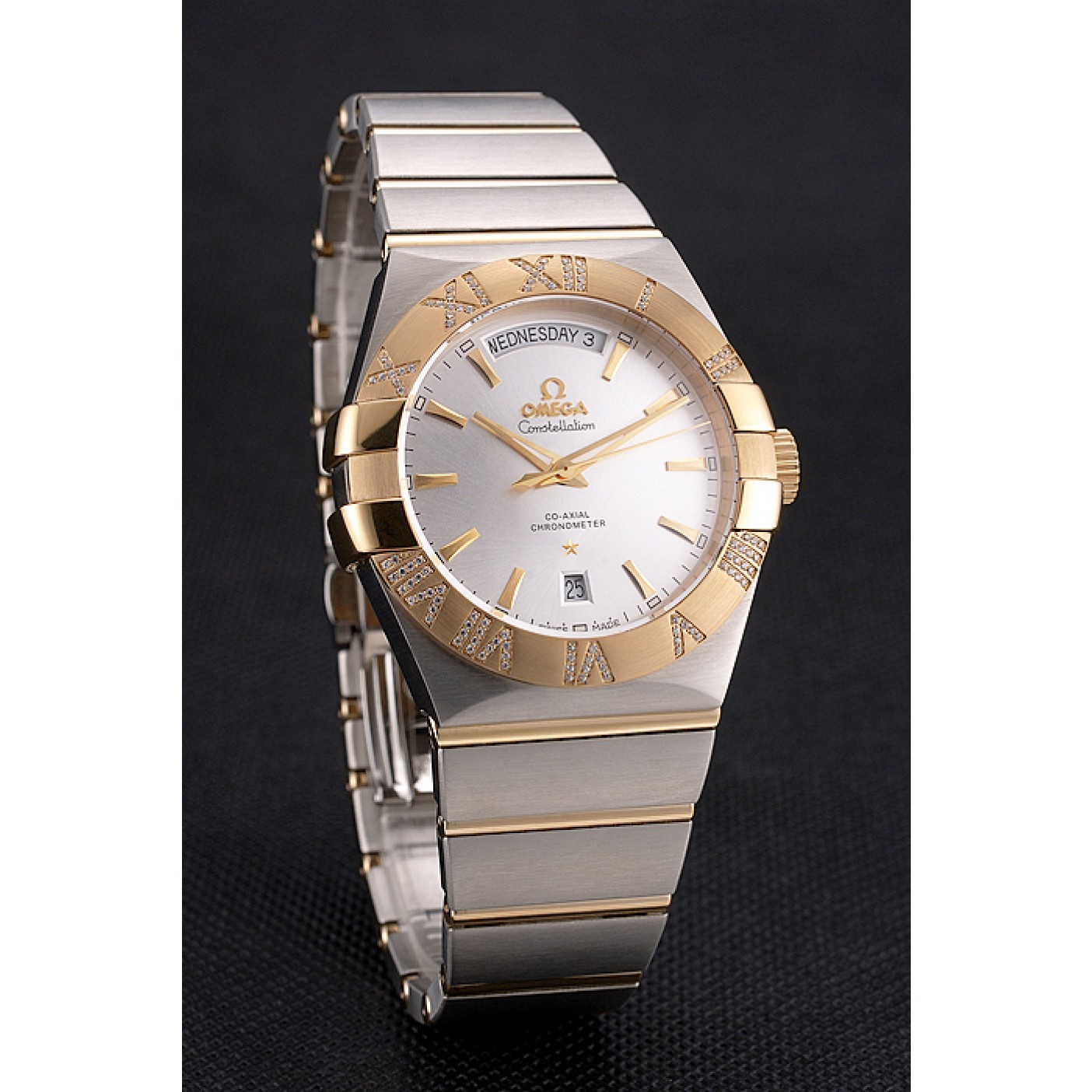 Swiss Omega Constellation White Dial Stainless Steel Case Gold Bezel Two Tone Bracelet