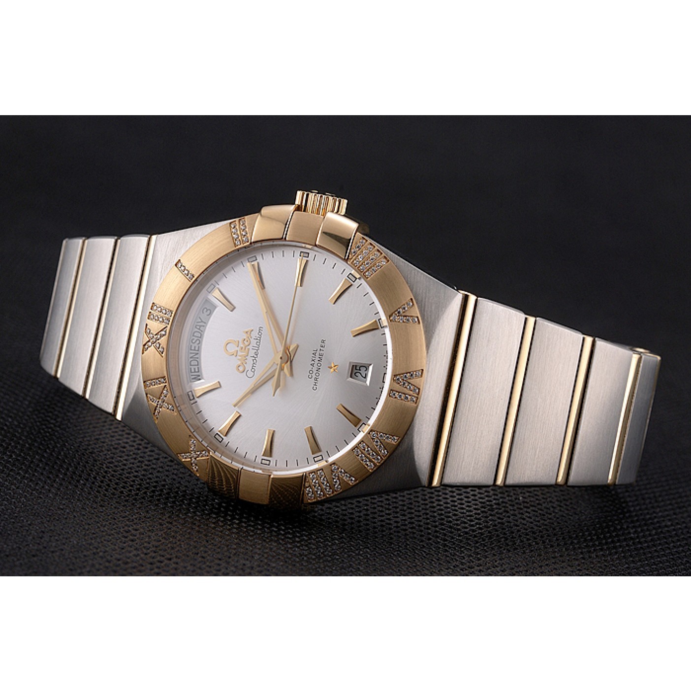 Swiss Omega Constellation White Dial Stainless Steel Case Gold Bezel Two Tone Bracelet