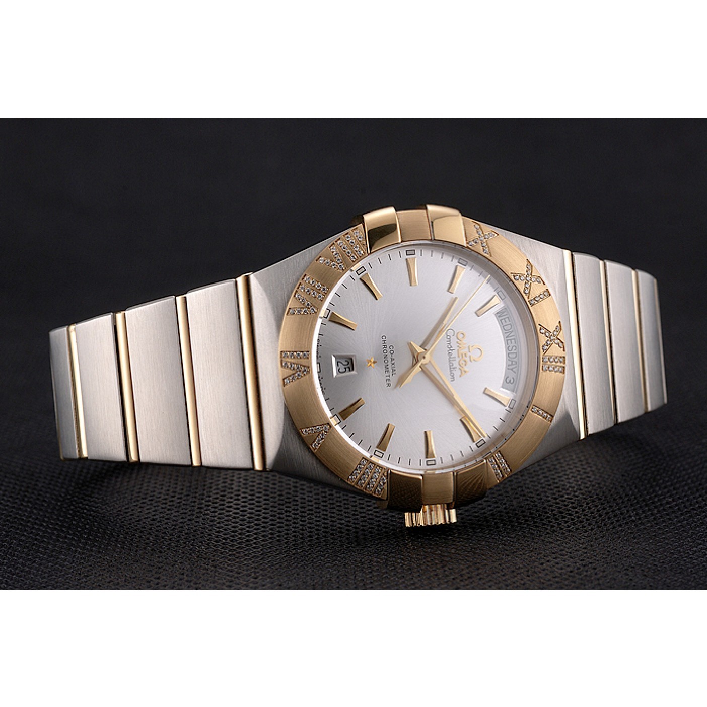 Swiss Omega Constellation White Dial Stainless Steel Case Gold Bezel Two Tone Bracelet