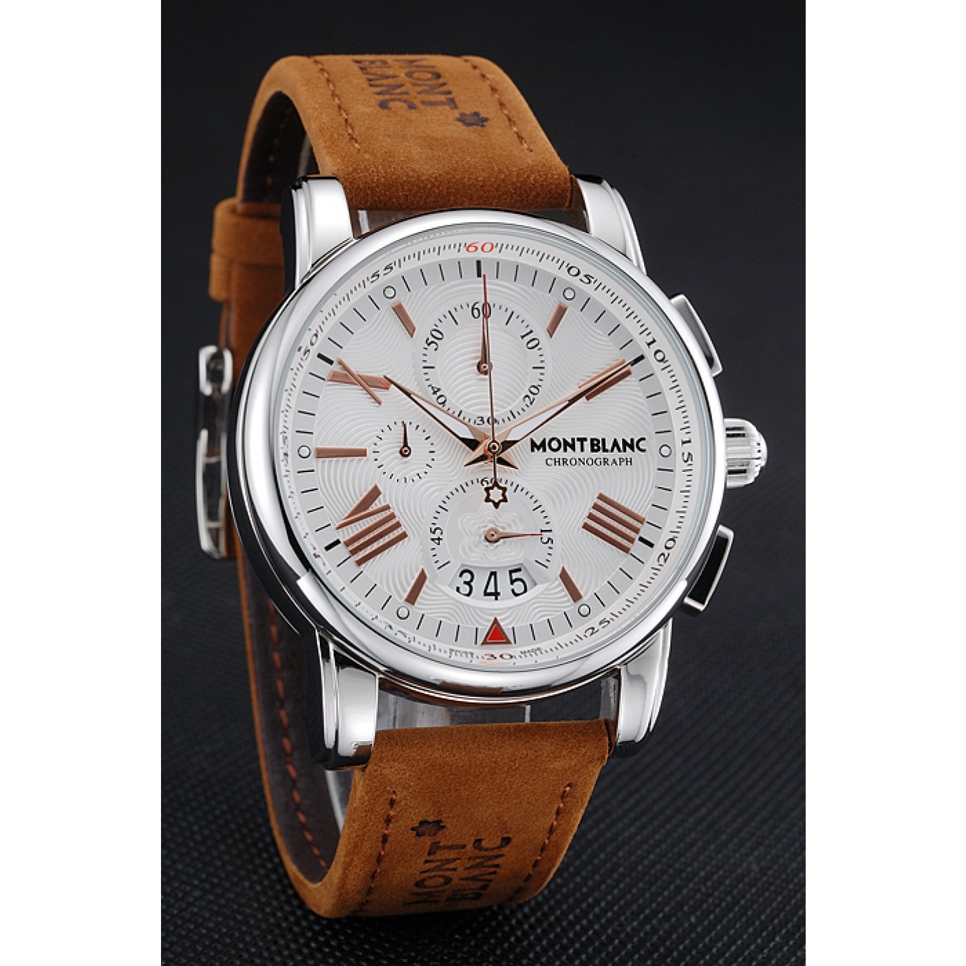 Montblanc Chronograph White Dial Brown Suede Leather Bracelet Silver Case 1454115