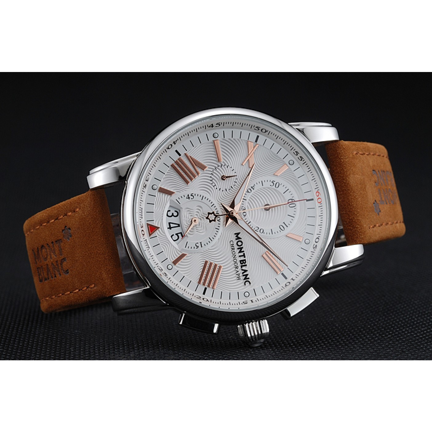 Montblanc Chronograph White Dial Brown Suede Leather Bracelet Silver Case 1454115