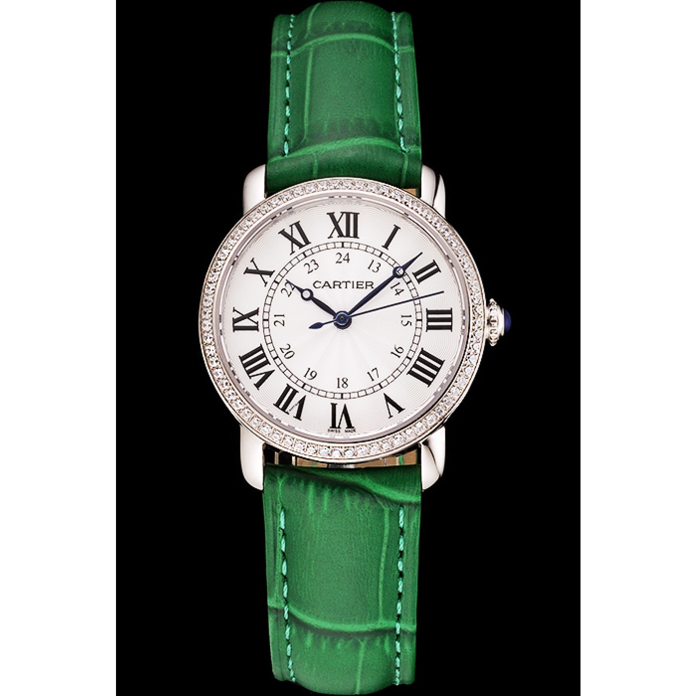 Cartier Ronde White Dial Diamond Bezel Stainless Steel Case Green Leather Strap