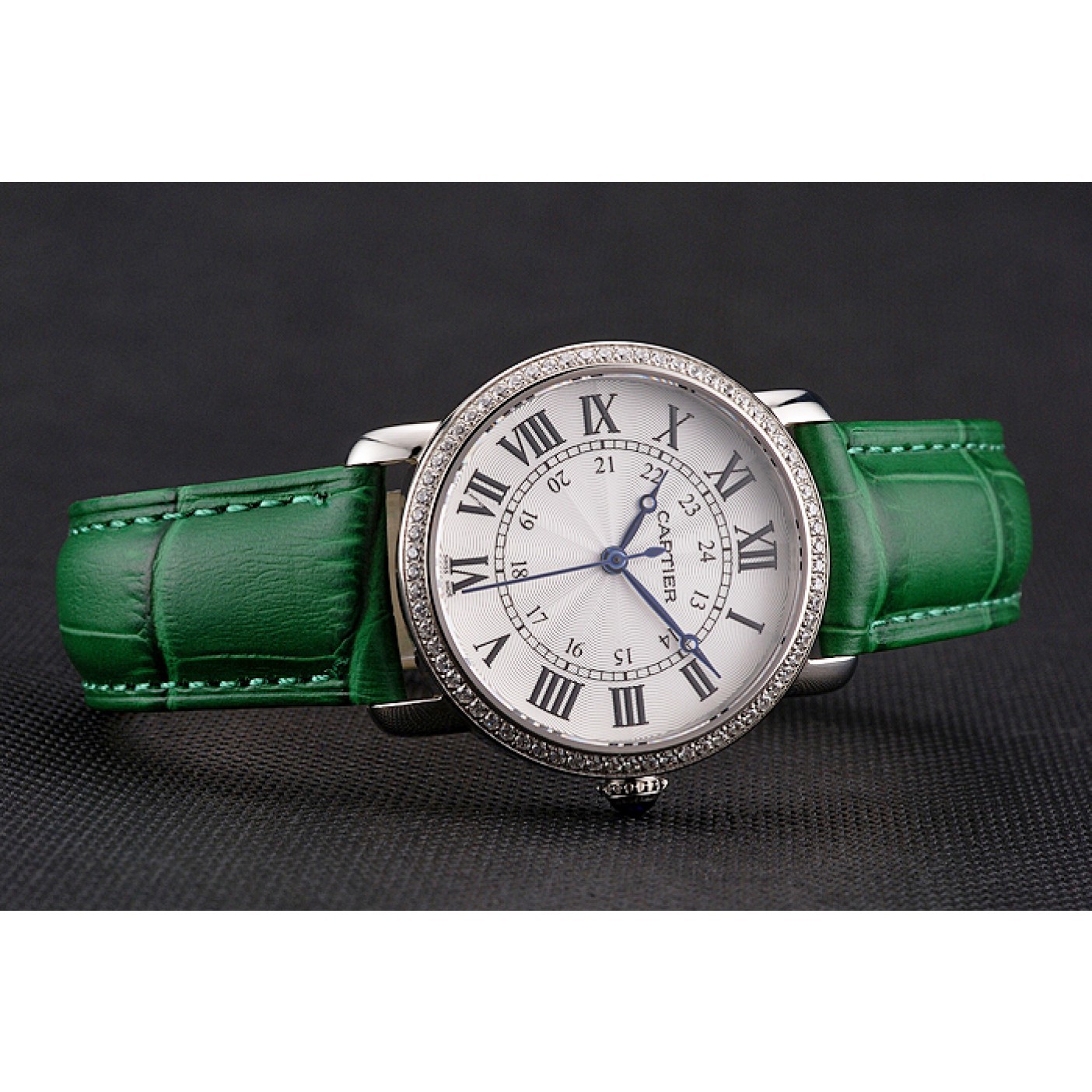 Cartier Ronde White Dial Diamond Bezel Stainless Steel Case Green Leather Strap