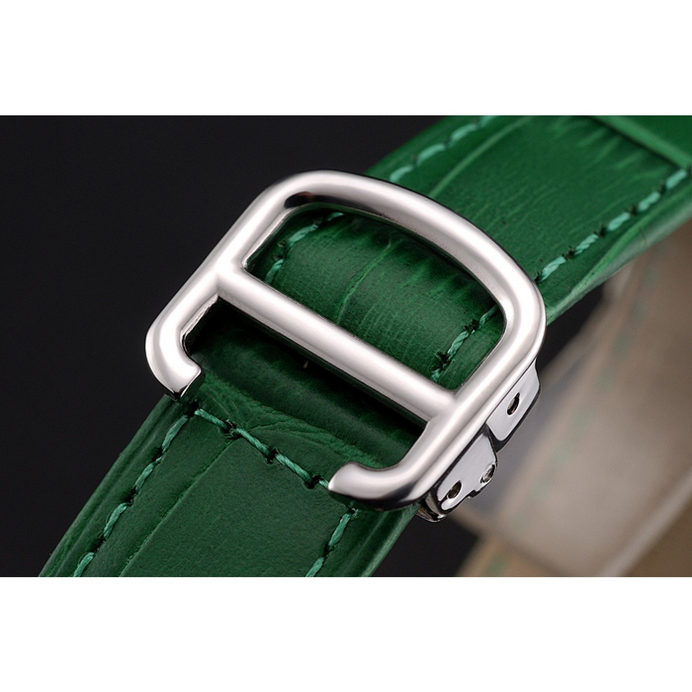 Cartier Ronde White Dial Diamond Bezel Stainless Steel Case Green Leather Strap