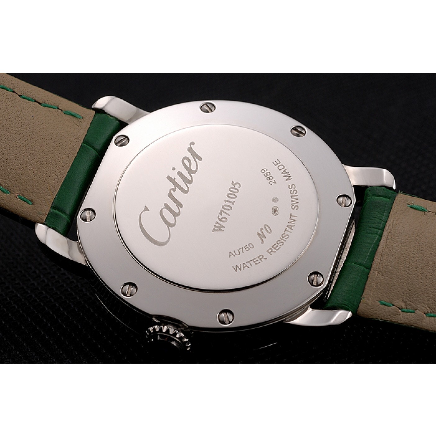 Cartier Ronde White Dial Diamond Bezel Stainless Steel Case Green Leather Strap