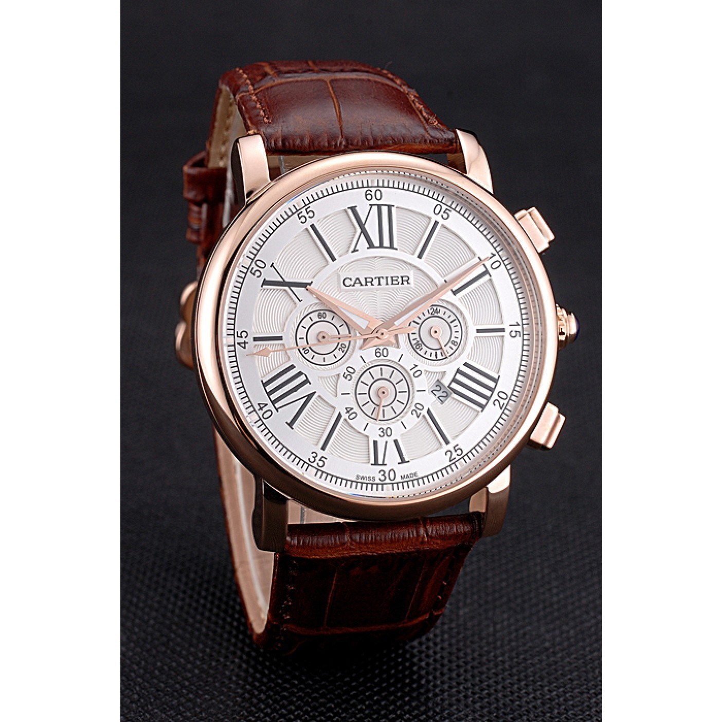 Cartier Rotonde Chronograph White Dial Rose Gold Case Brown Leather Strap