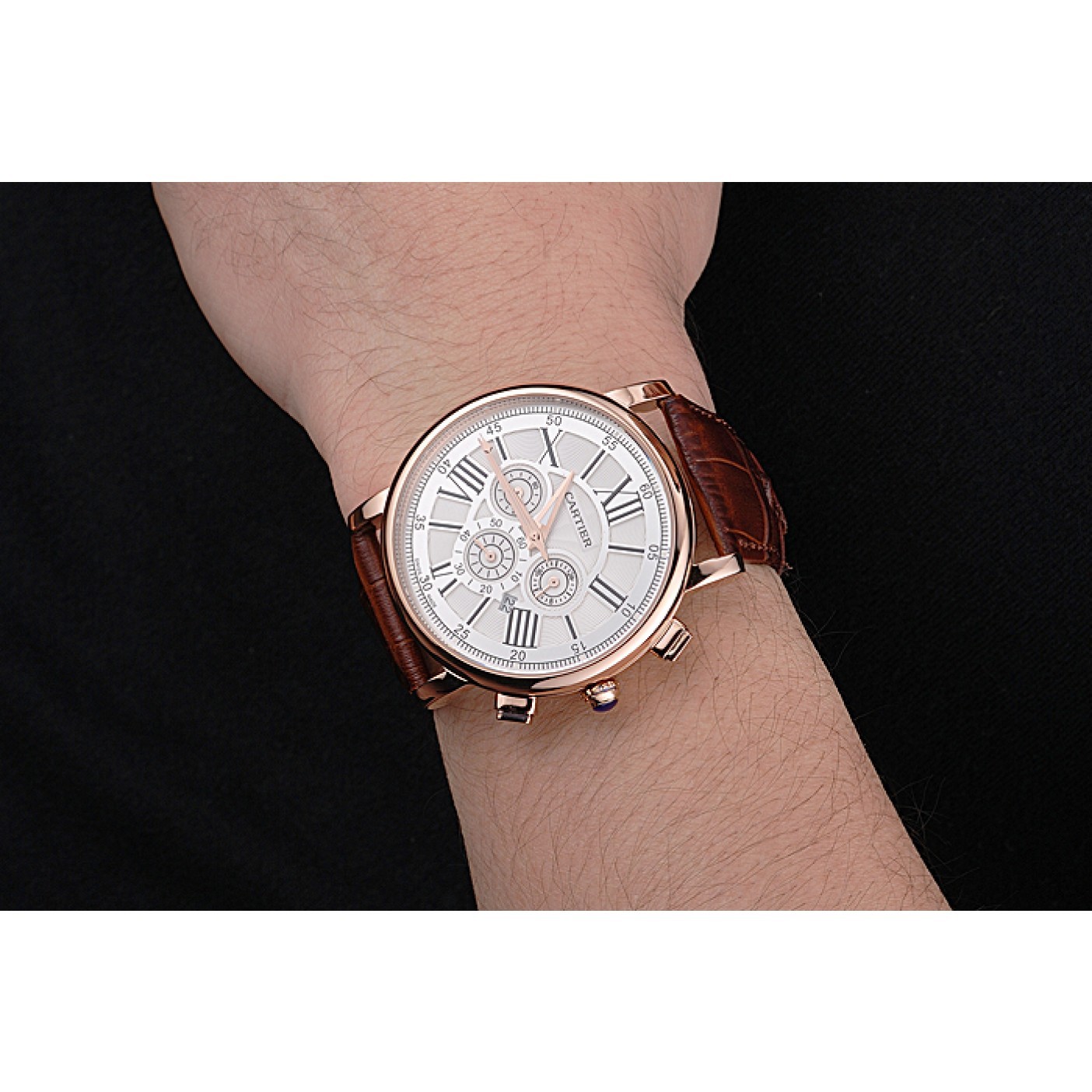 Cartier Rotonde Chronograph White Dial Rose Gold Case Brown Leather Strap