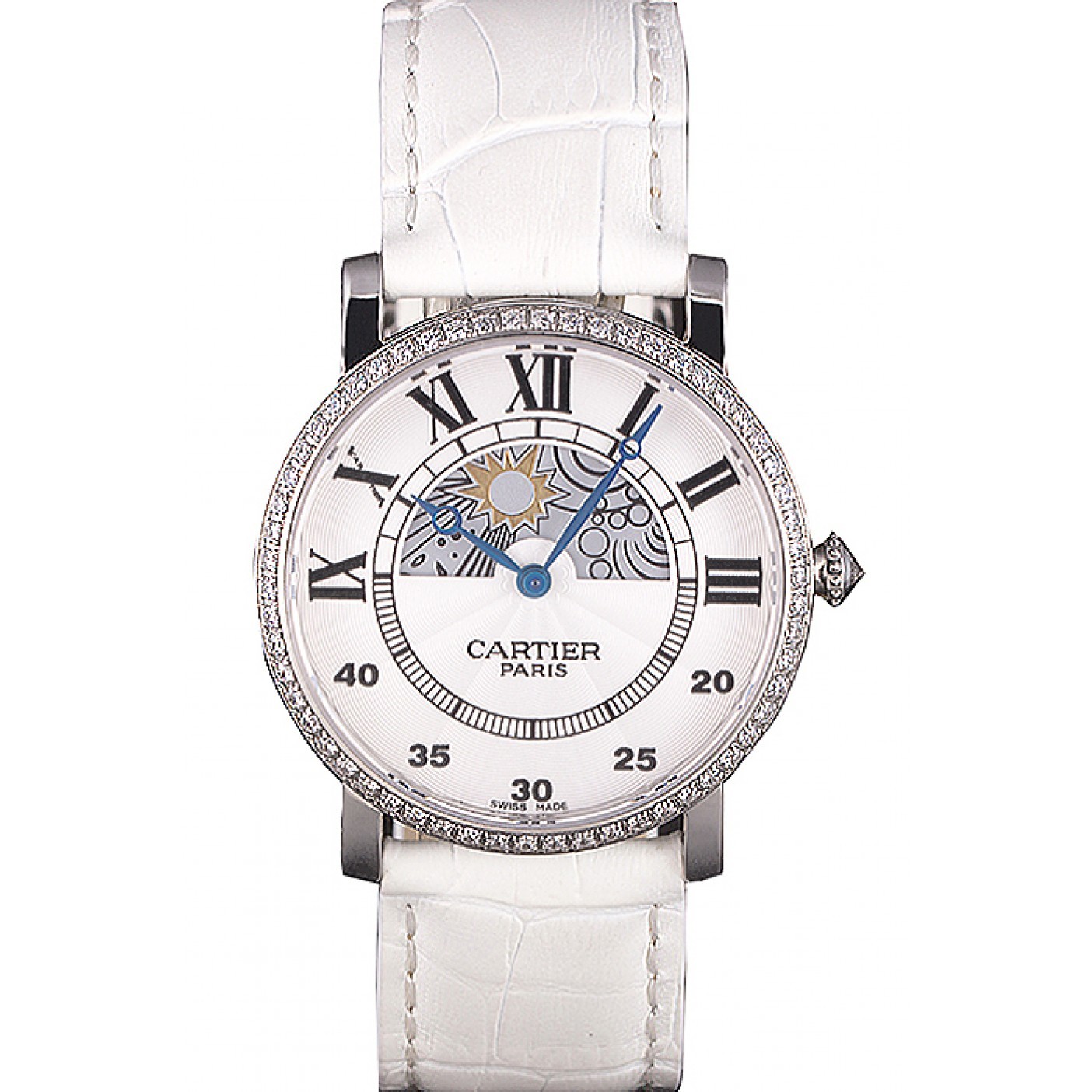 Cartier Moonphase Silver Watch with White Leather Band ct257 621376