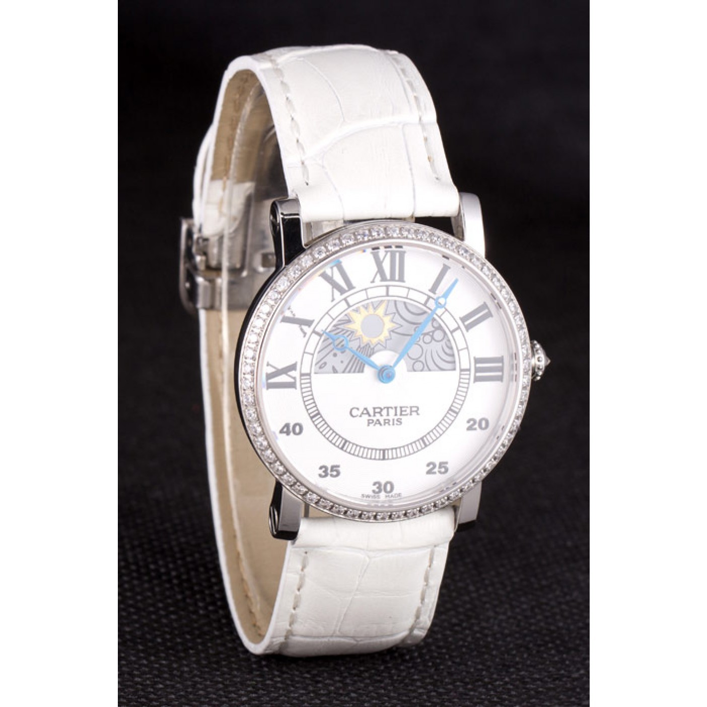 Cartier Moonphase Silver Watch with White Leather Band ct257 621376