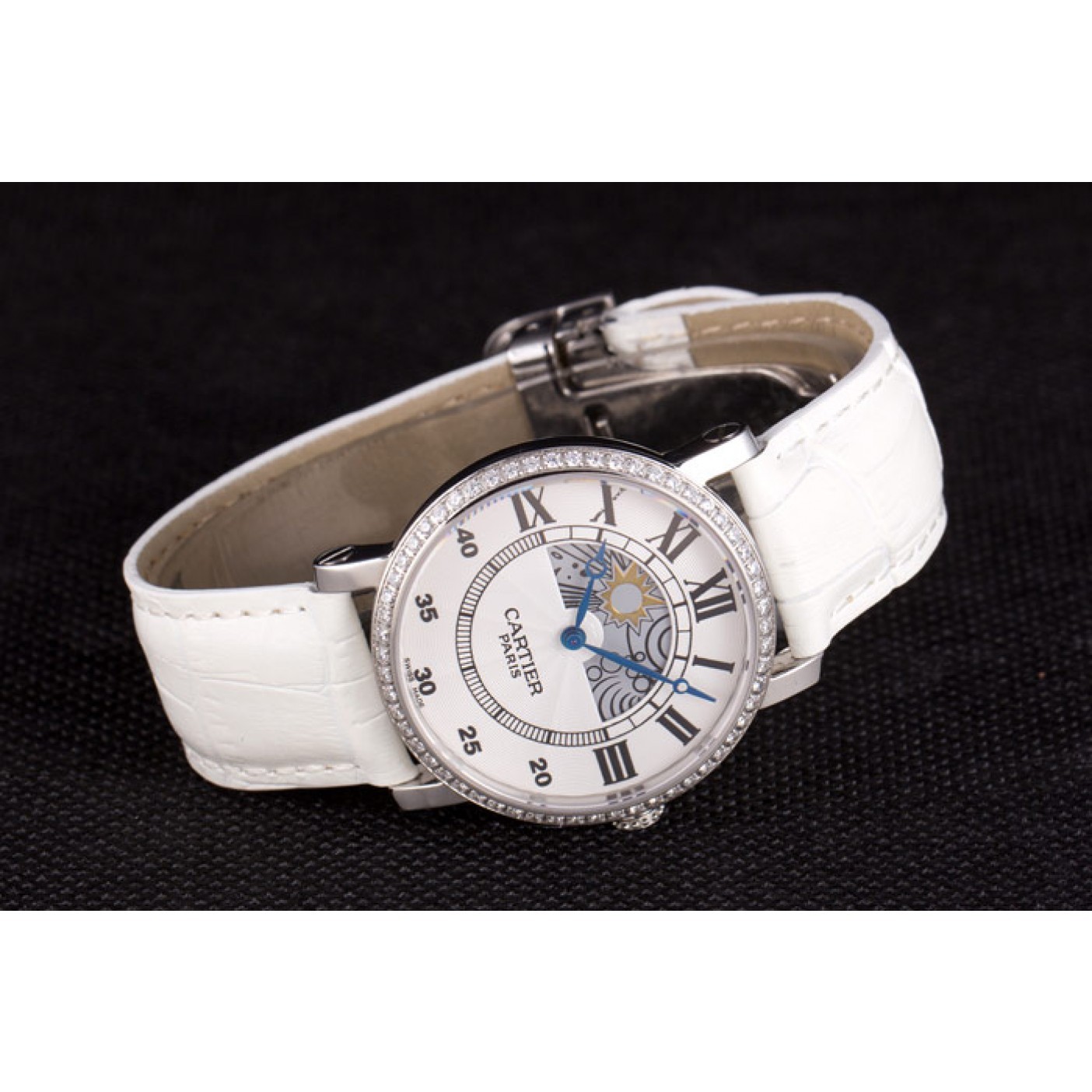 Cartier Moonphase Silver Watch with White Leather Band ct257 621376