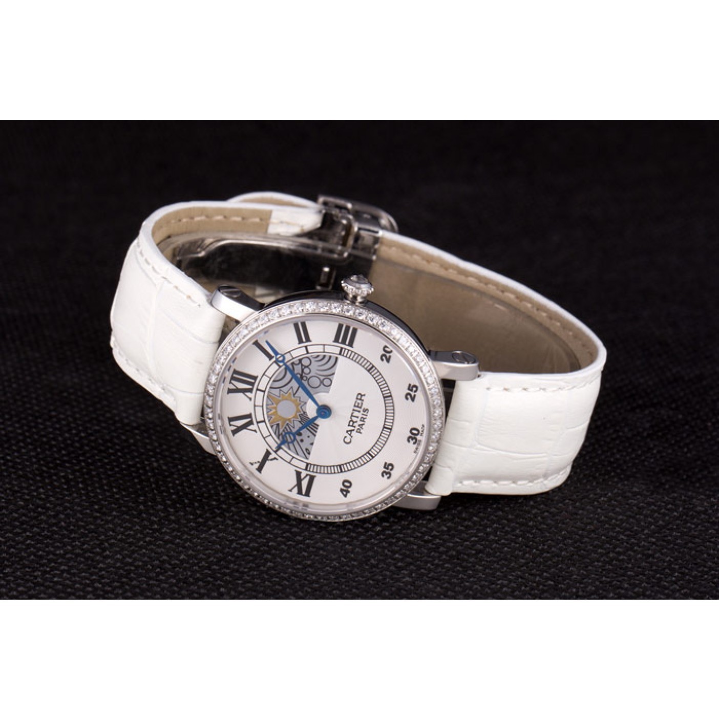 Cartier Moonphase Silver Watch with White Leather Band ct257 621376