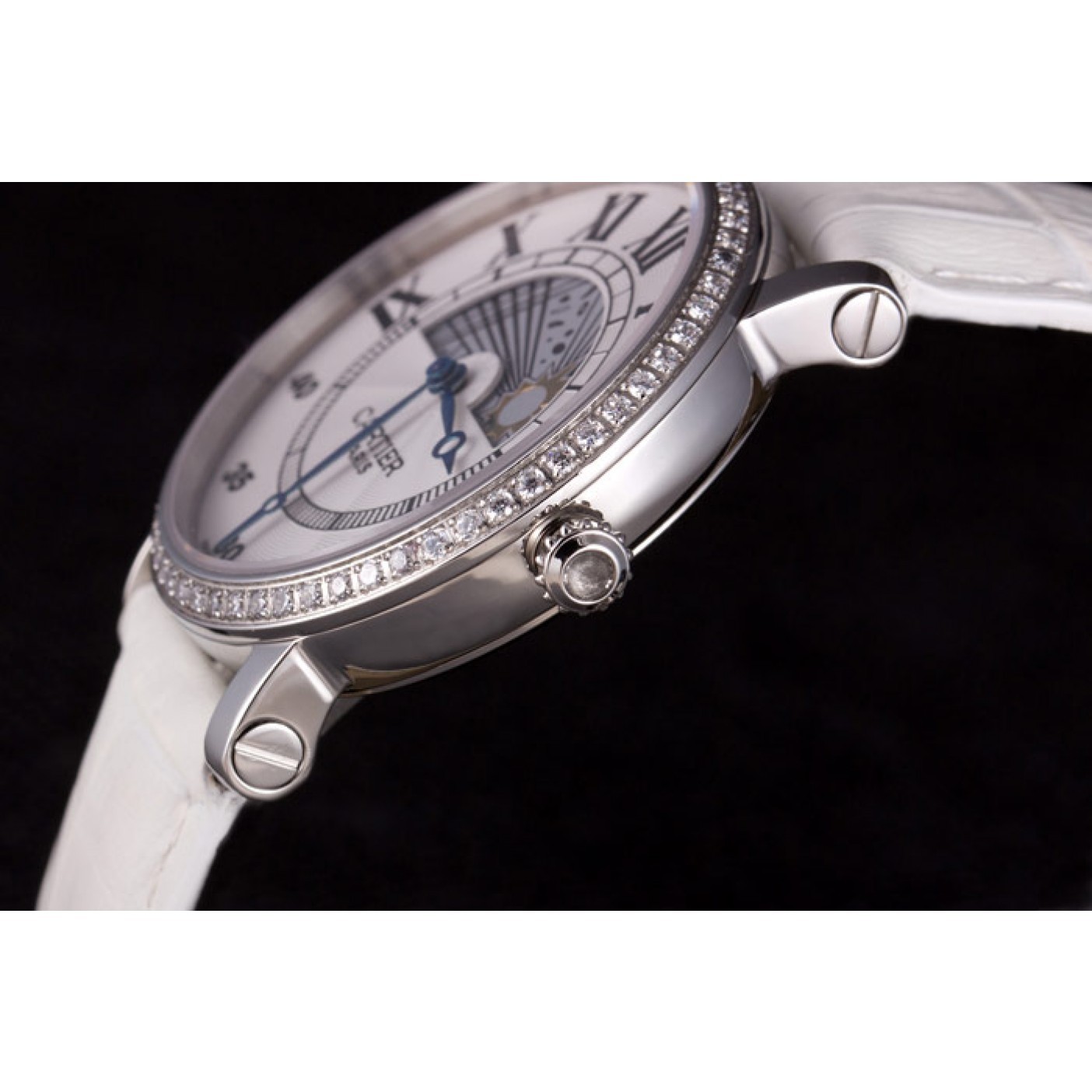 Cartier Moonphase Silver Watch with White Leather Band ct257 621376