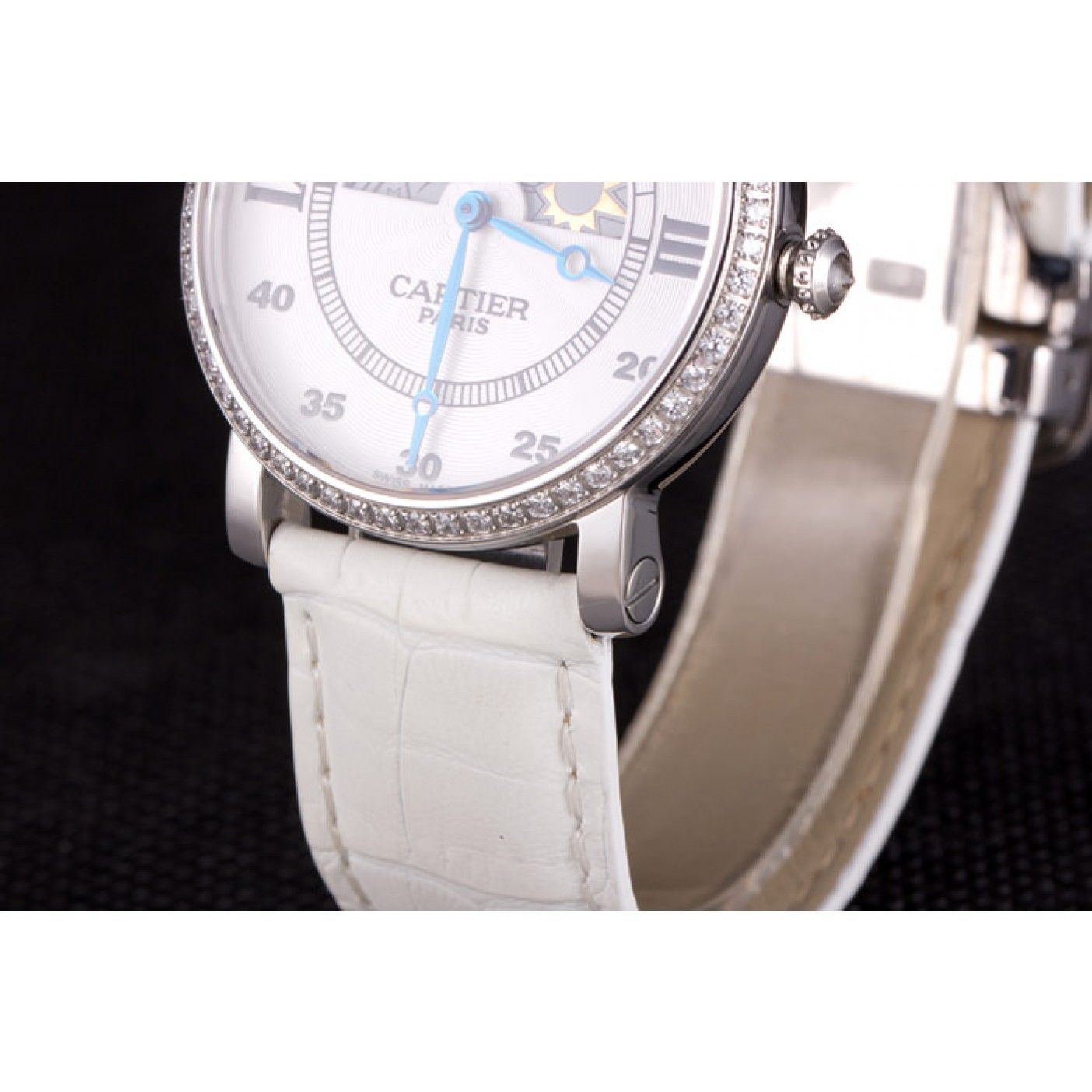 Cartier Moonphase Silver Watch with White Leather Band ct257 621376