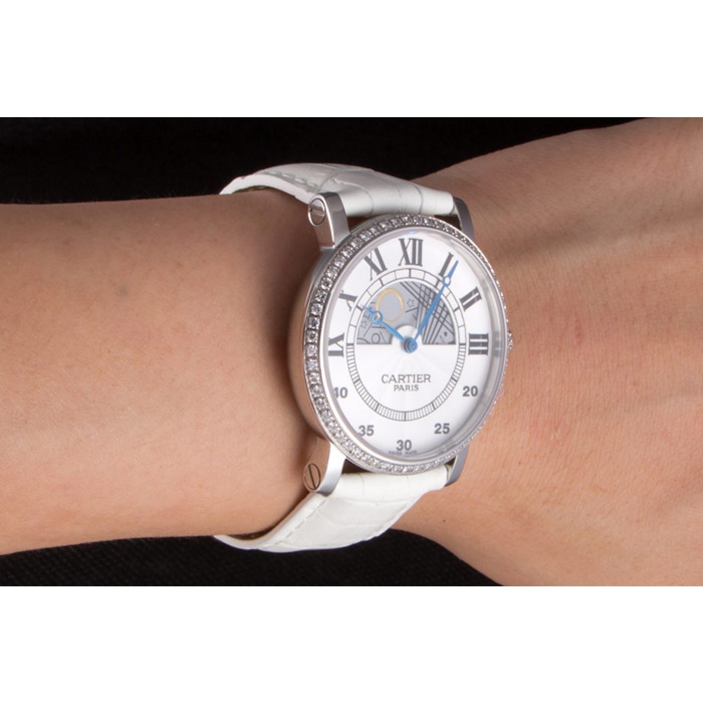 Cartier Moonphase Silver Watch with White Leather Band ct257 621376