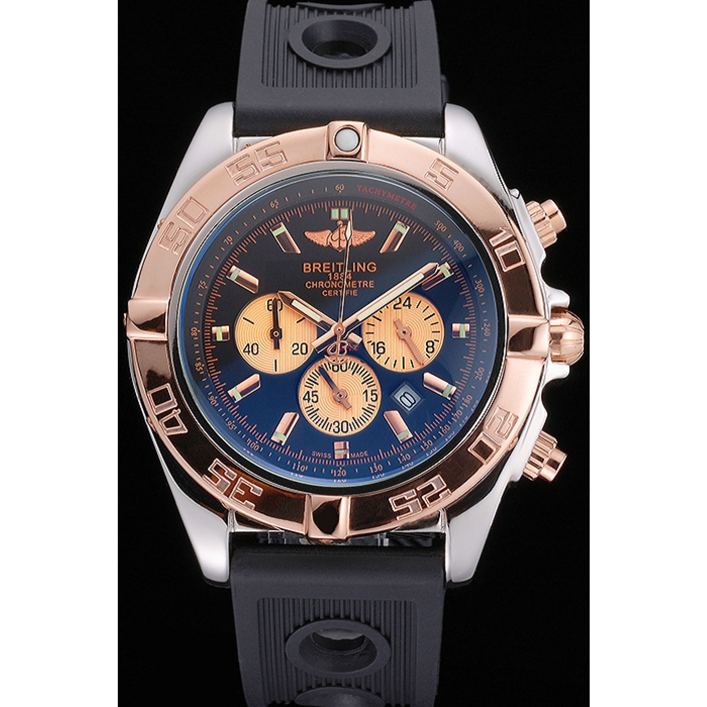 Breitling Chronomat Black Dial Rose Gold Bezel And Subdials Stainless Steel Case Black Rubber Strap