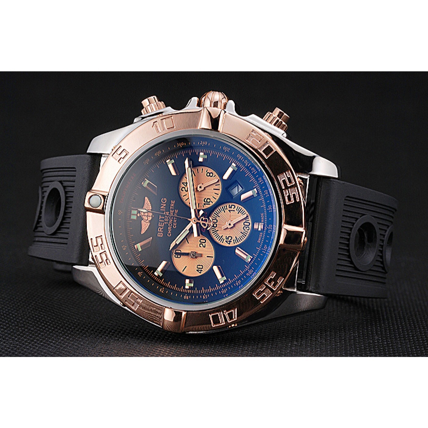 Breitling Chronomat Black Dial Rose Gold Bezel And Subdials Stainless Steel Case Black Rubber Strap