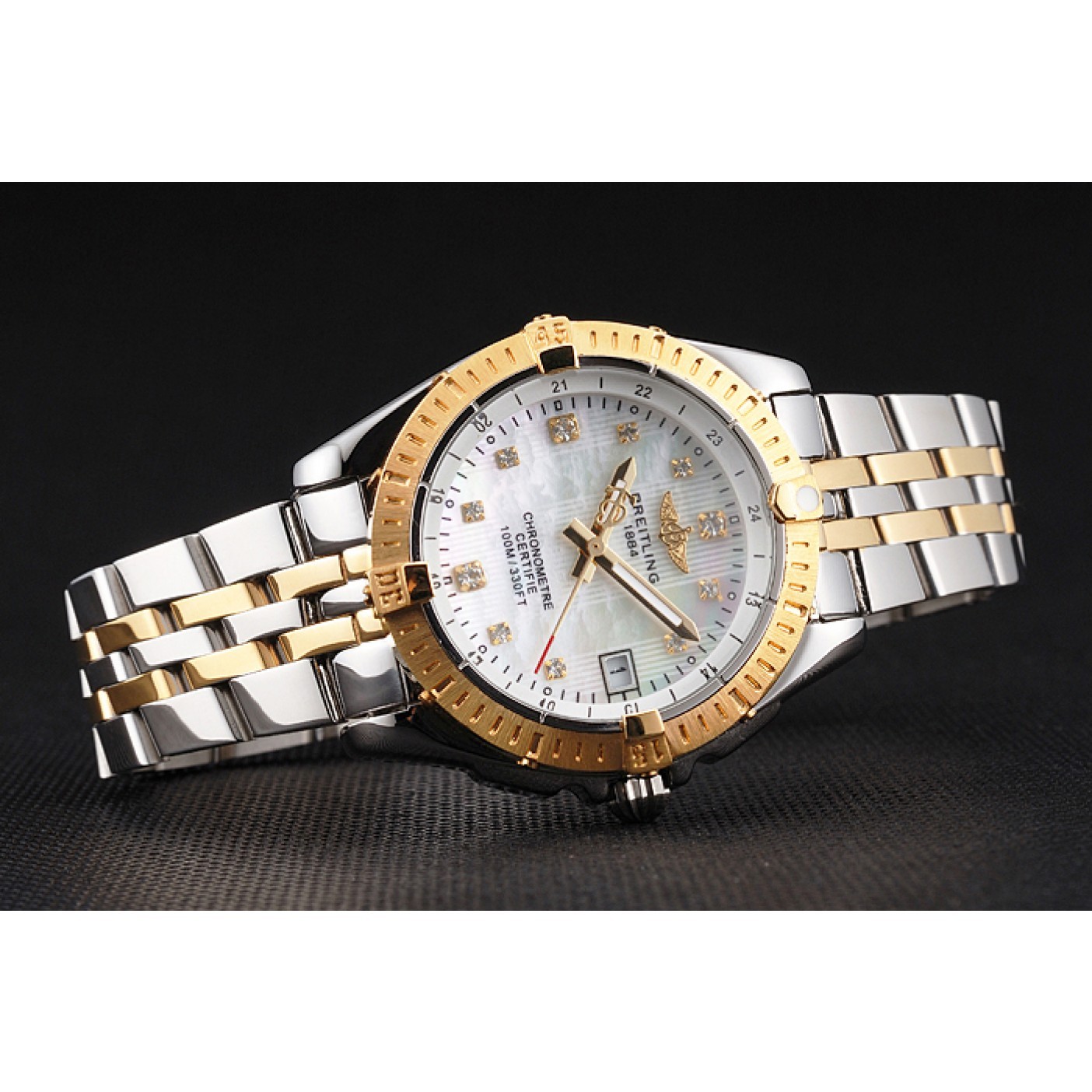 Breitling Colt Lady Pearl Dial Diamond Hour Marks Gold Bezel Stainless Steel Case Two Tone Bracelet