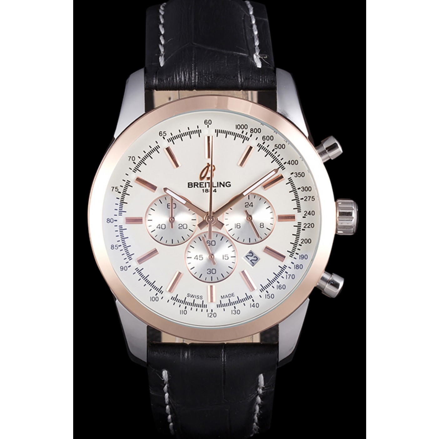 Breitling Transocean White Dial Black Leather Strap Rose Gold Bezel 98205