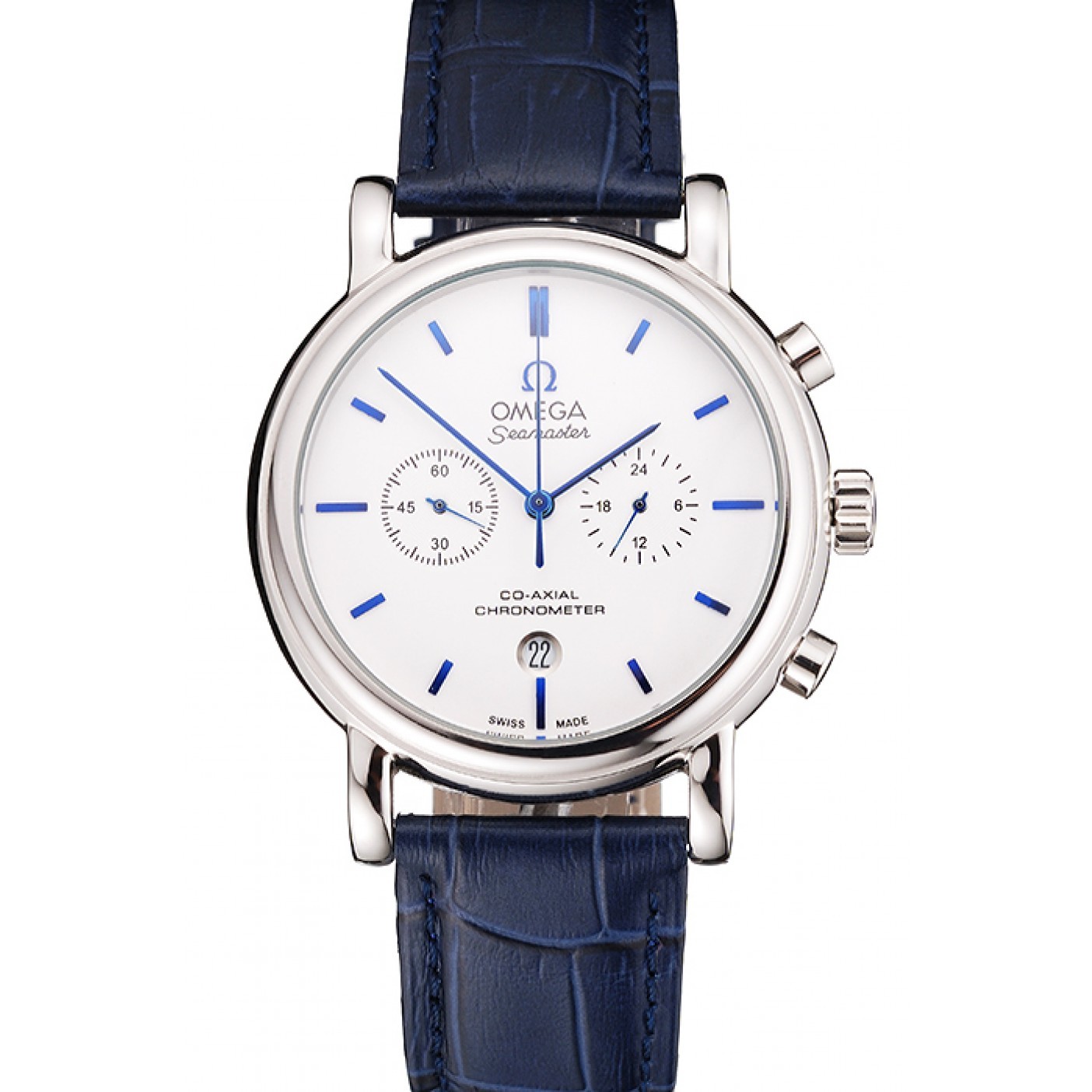 Omega Seamaster Vintage Chronograph White Dial Blue Hour Marks Stainless Steel Case Blue Leather Strap