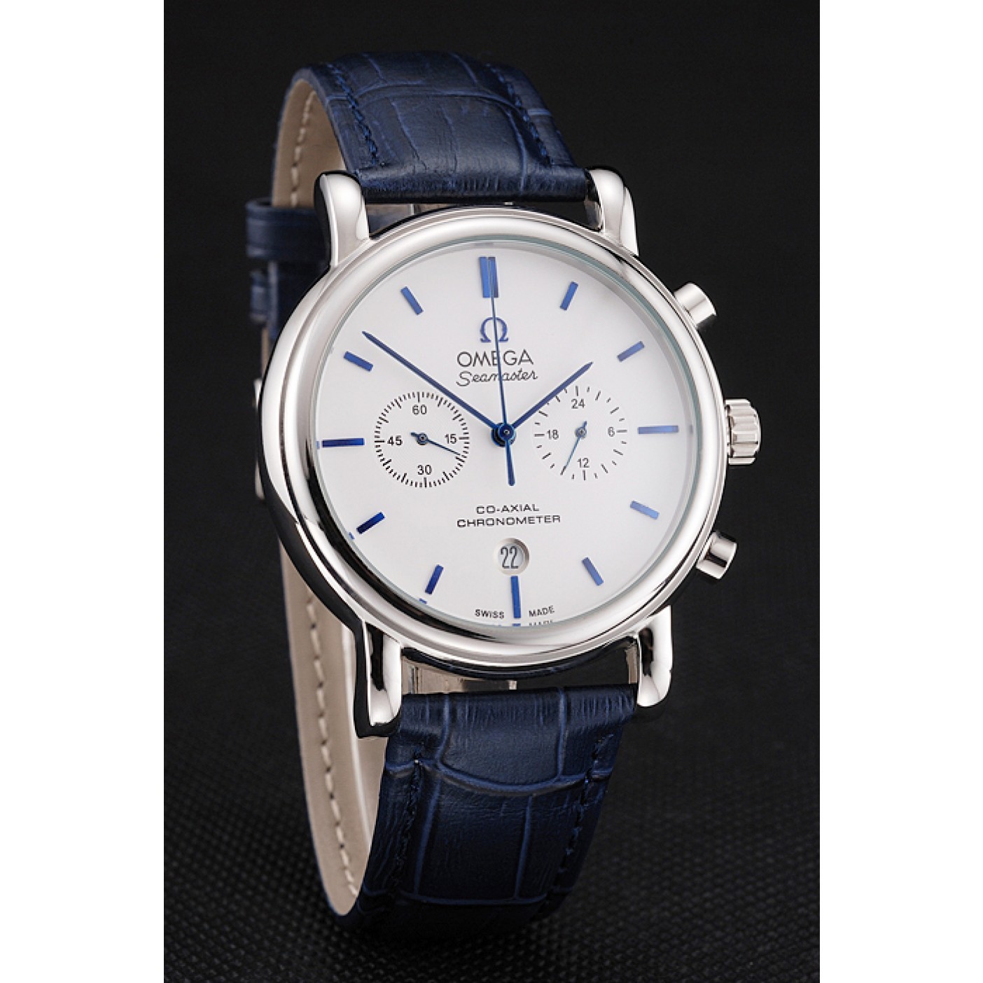 Omega Seamaster Vintage Chronograph White Dial Blue Hour Marks Stainless Steel Case Blue Leather Strap