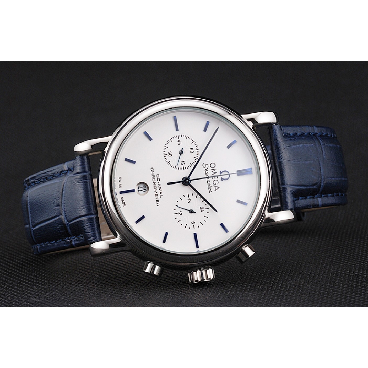 Omega Seamaster Vintage Chronograph White Dial Blue Hour Marks Stainless Steel Case Blue Leather Strap