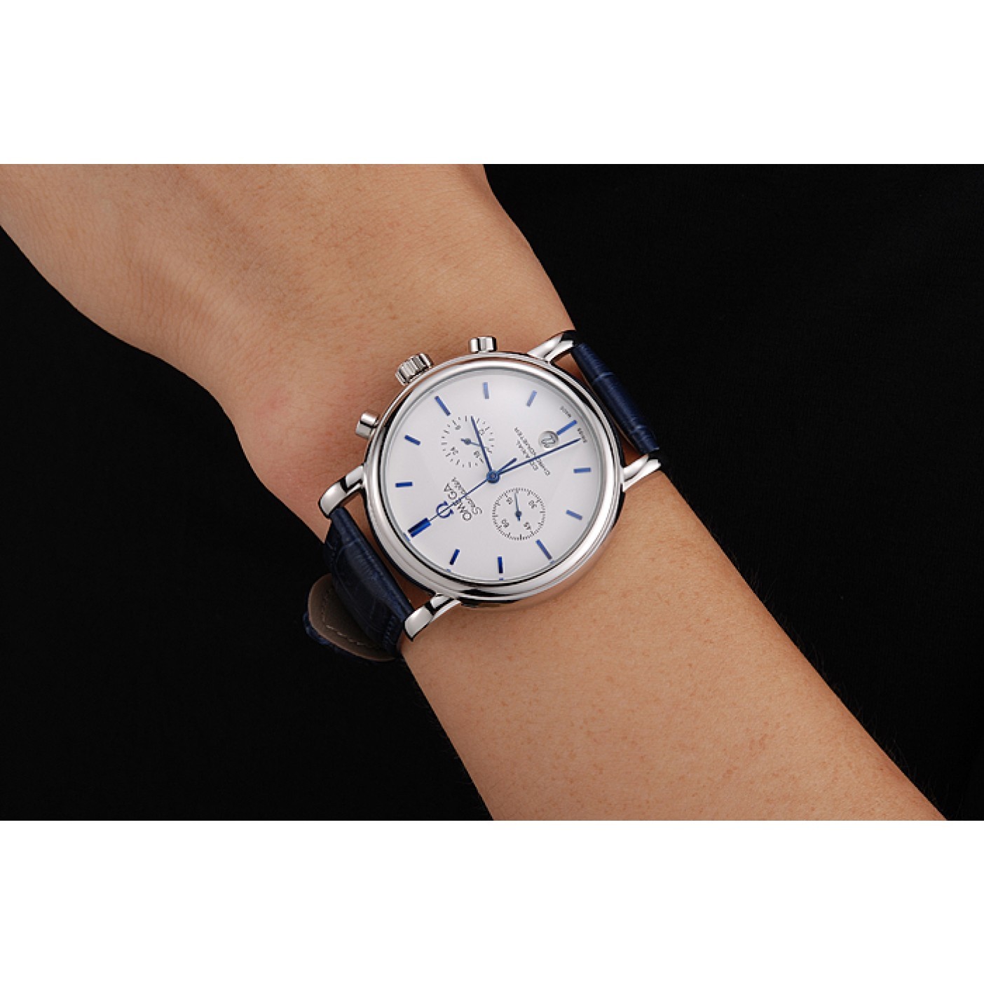 Omega Seamaster Vintage Chronograph White Dial Blue Hour Marks Stainless Steel Case Blue Leather Strap