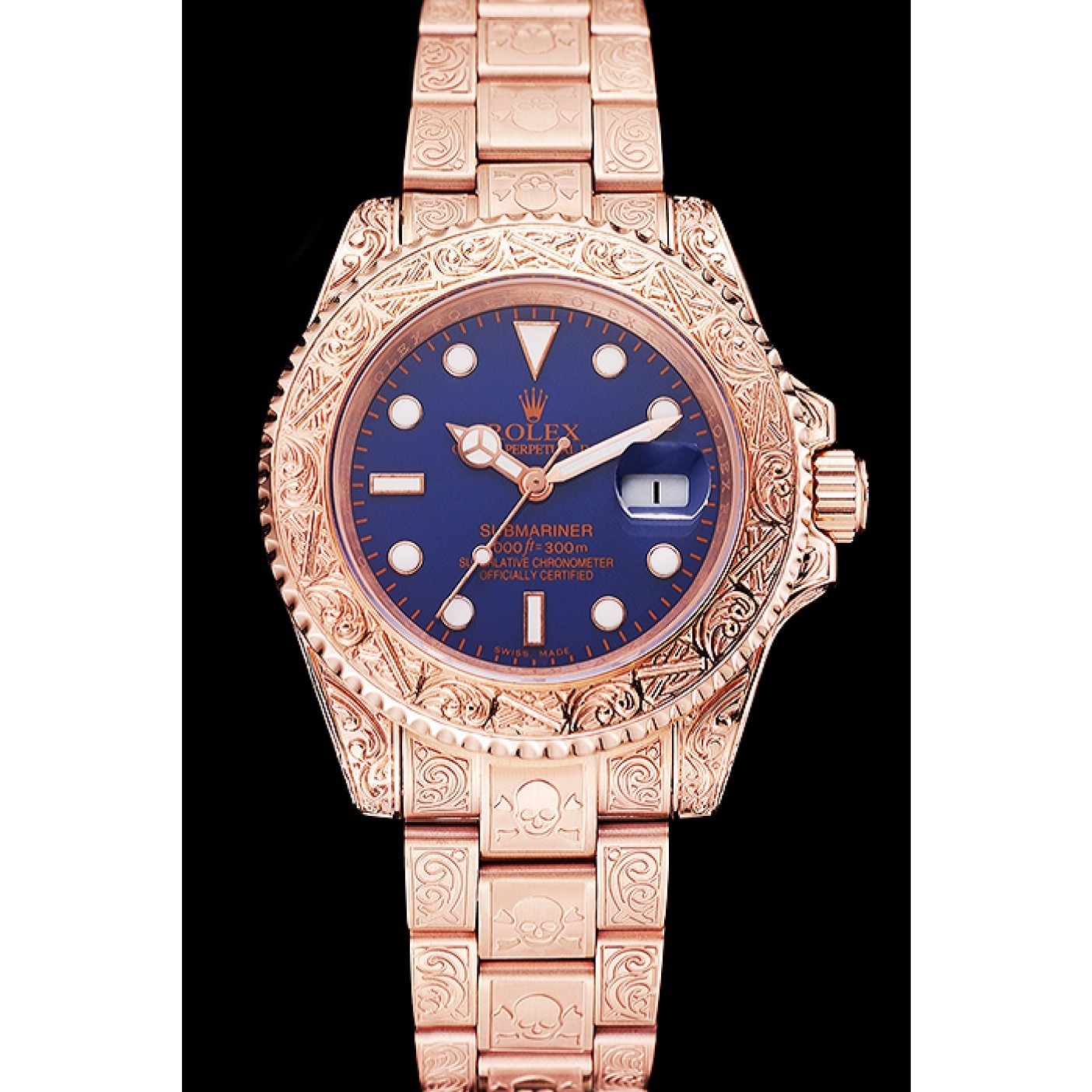 Swiss Rolex Submariner Skull Limited Edition Blue Dial Rose Gold Case And Bracelet 1454085