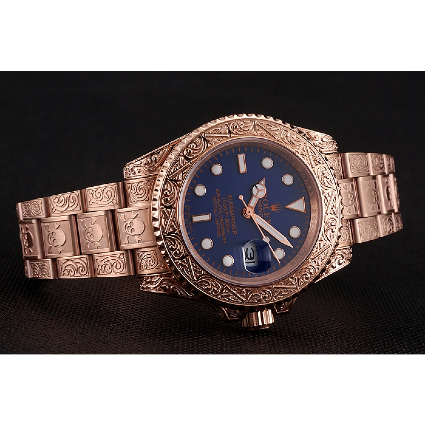 Swiss Rolex Submariner Skull Limited Edition Blue Dial Rose Gold Case And Bracelet 1454085