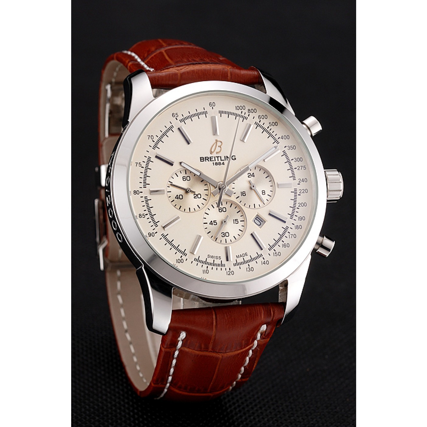 Breitling Transocean Beige Dial Brown Leather Strap Polished Stainless Steel Bezel