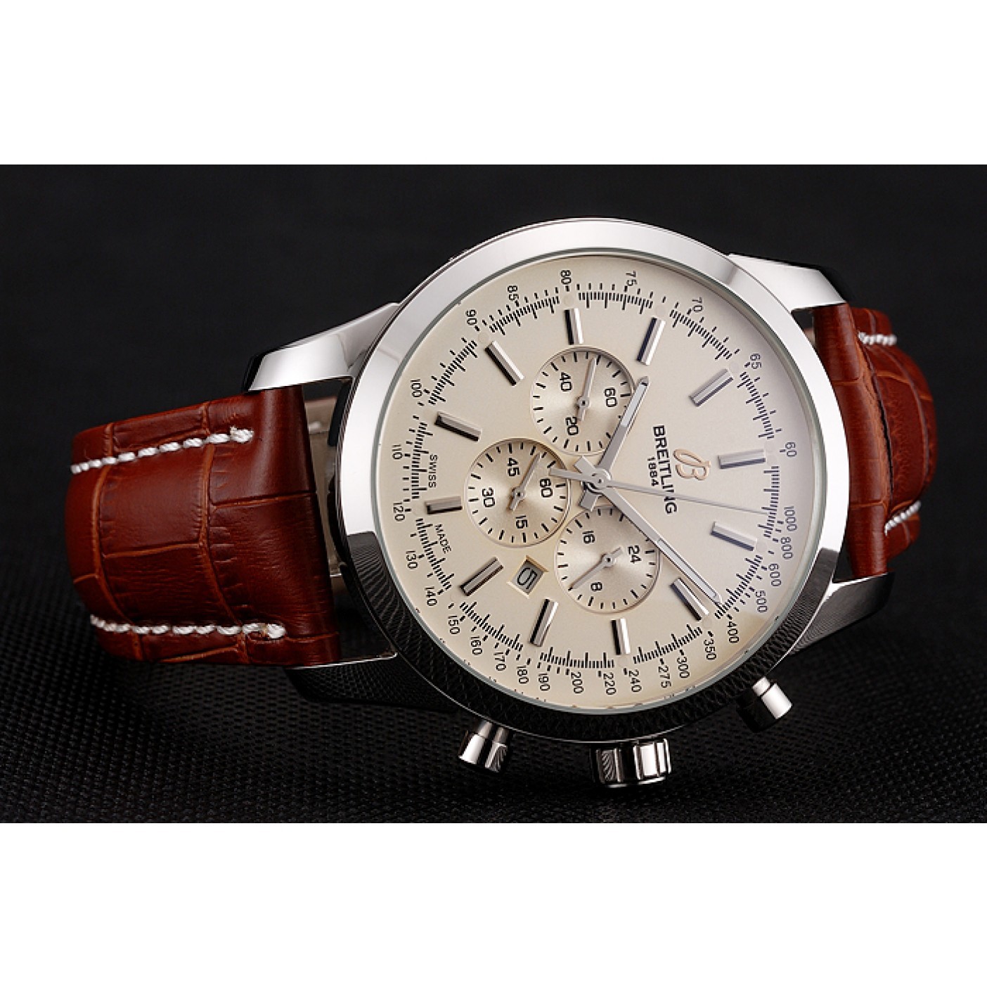 Breitling Transocean Beige Dial Brown Leather Strap Polished Stainless Steel Bezel