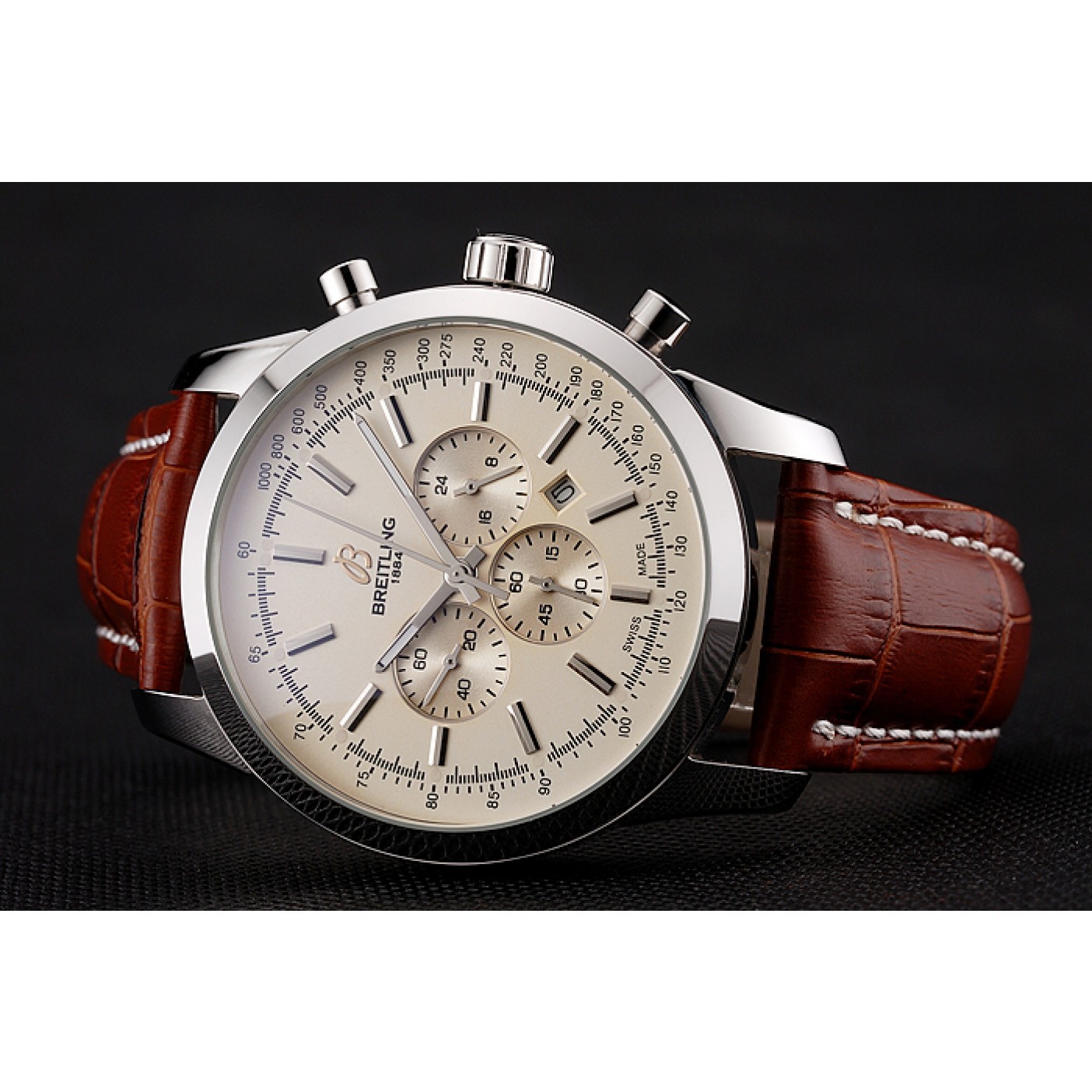 Breitling Transocean Beige Dial Brown Leather Strap Polished Stainless Steel Bezel