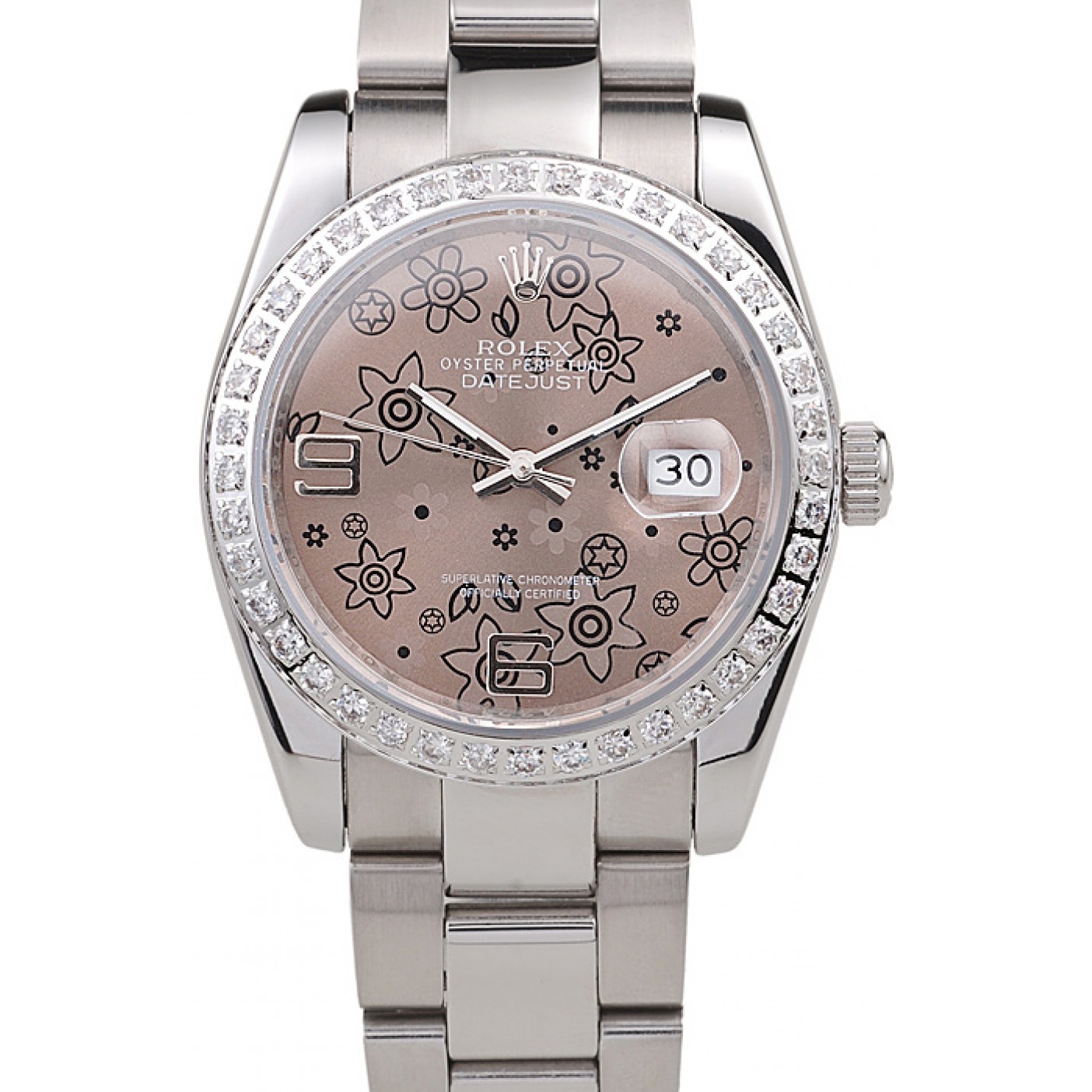 RepTime Watches Rolex Datejust Polished Stainless Steel Brown Flowers Dial Diamond Plated