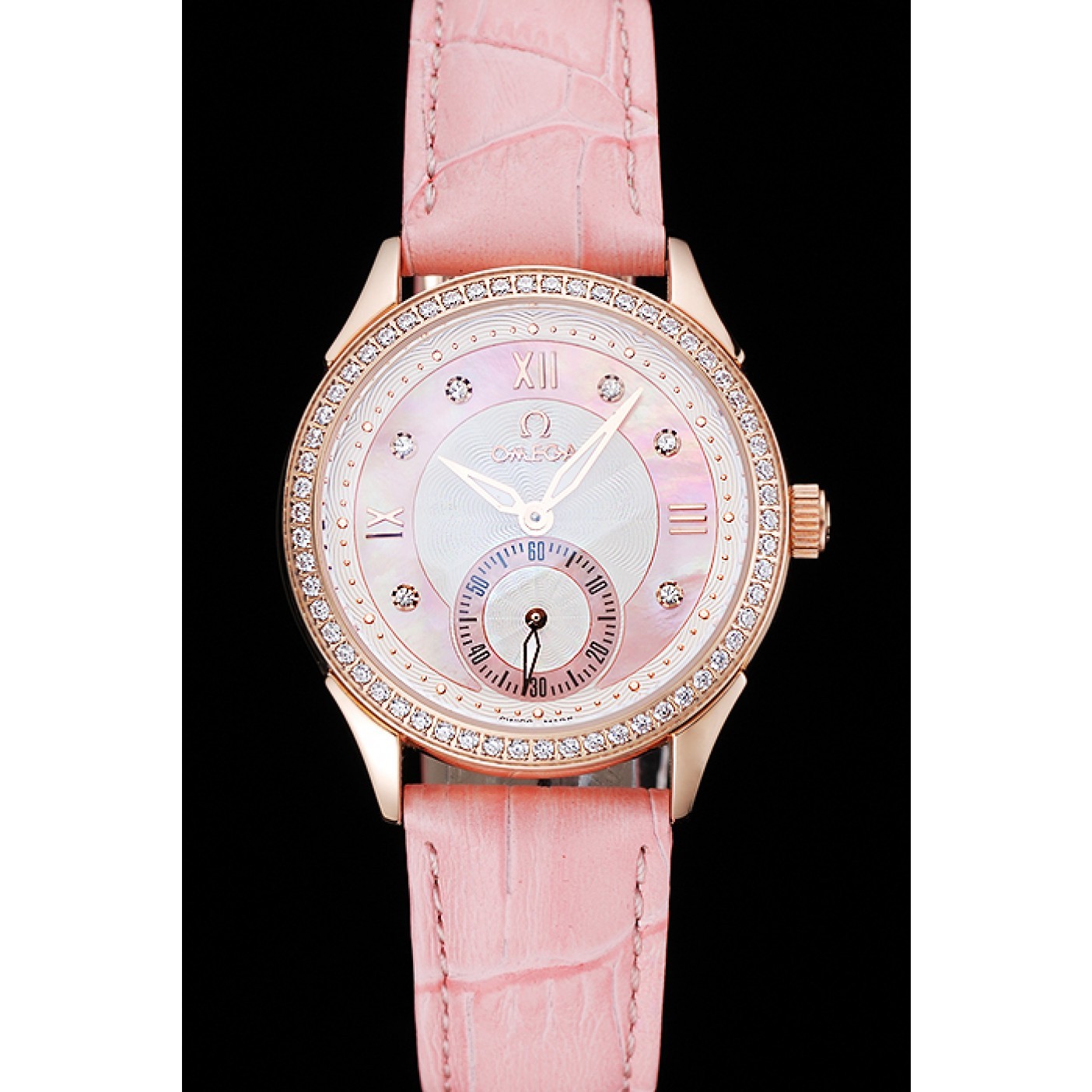 Omega DeVille Prestige Pink Dial Gold Diamond Case Pink Leather Bracelet 1454126