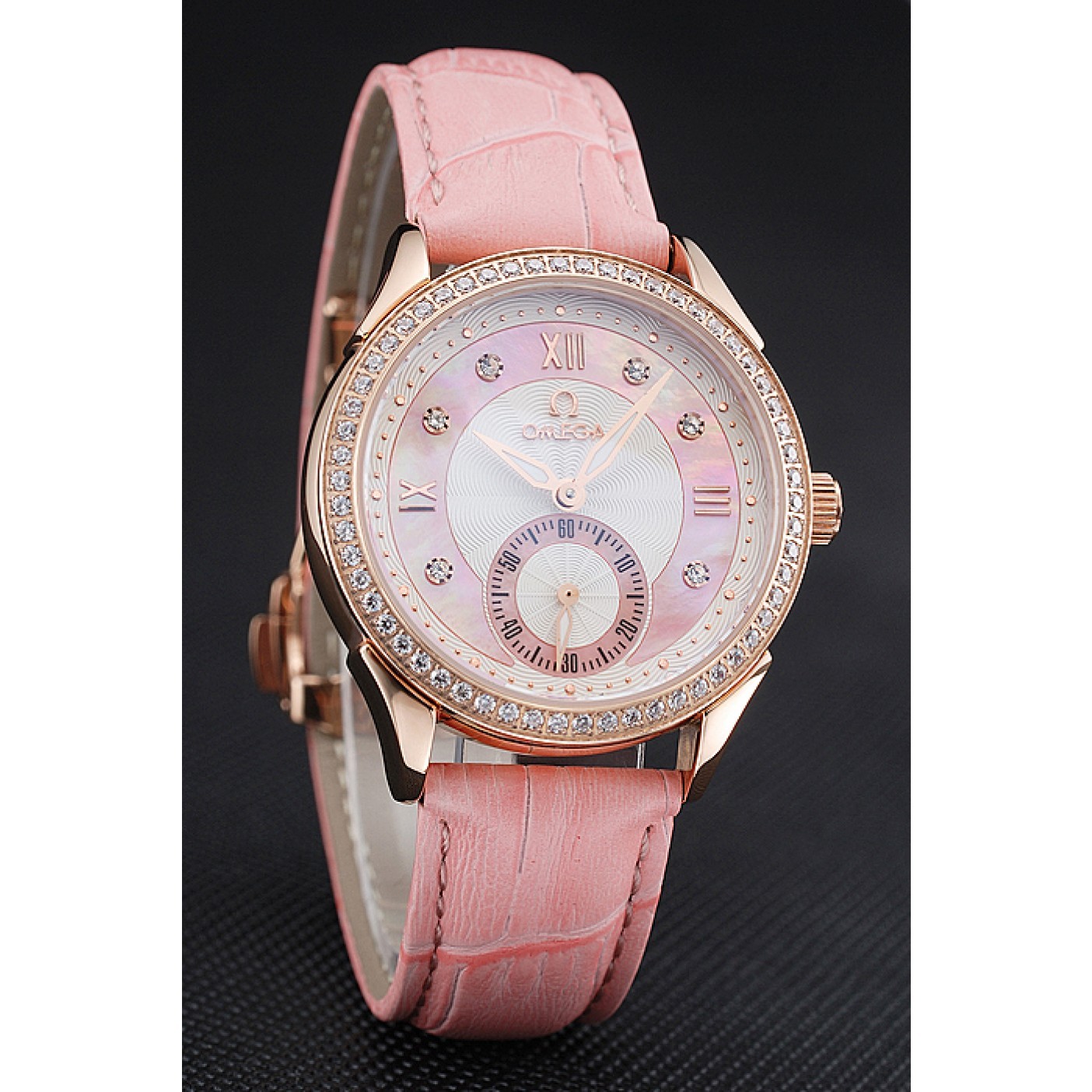 Omega DeVille Prestige Pink Dial Gold Diamond Case Pink Leather Bracelet 1454126