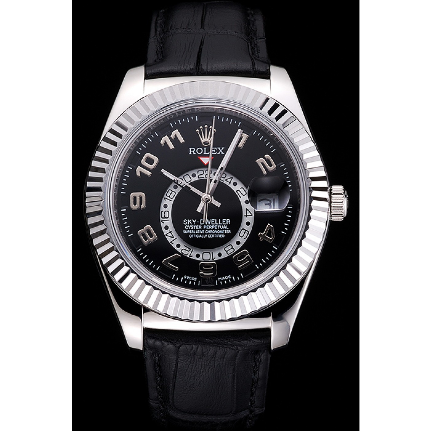 Affordable Rolex Sky Dweller Black Dial Stainless Steel Case Black Leather Strap