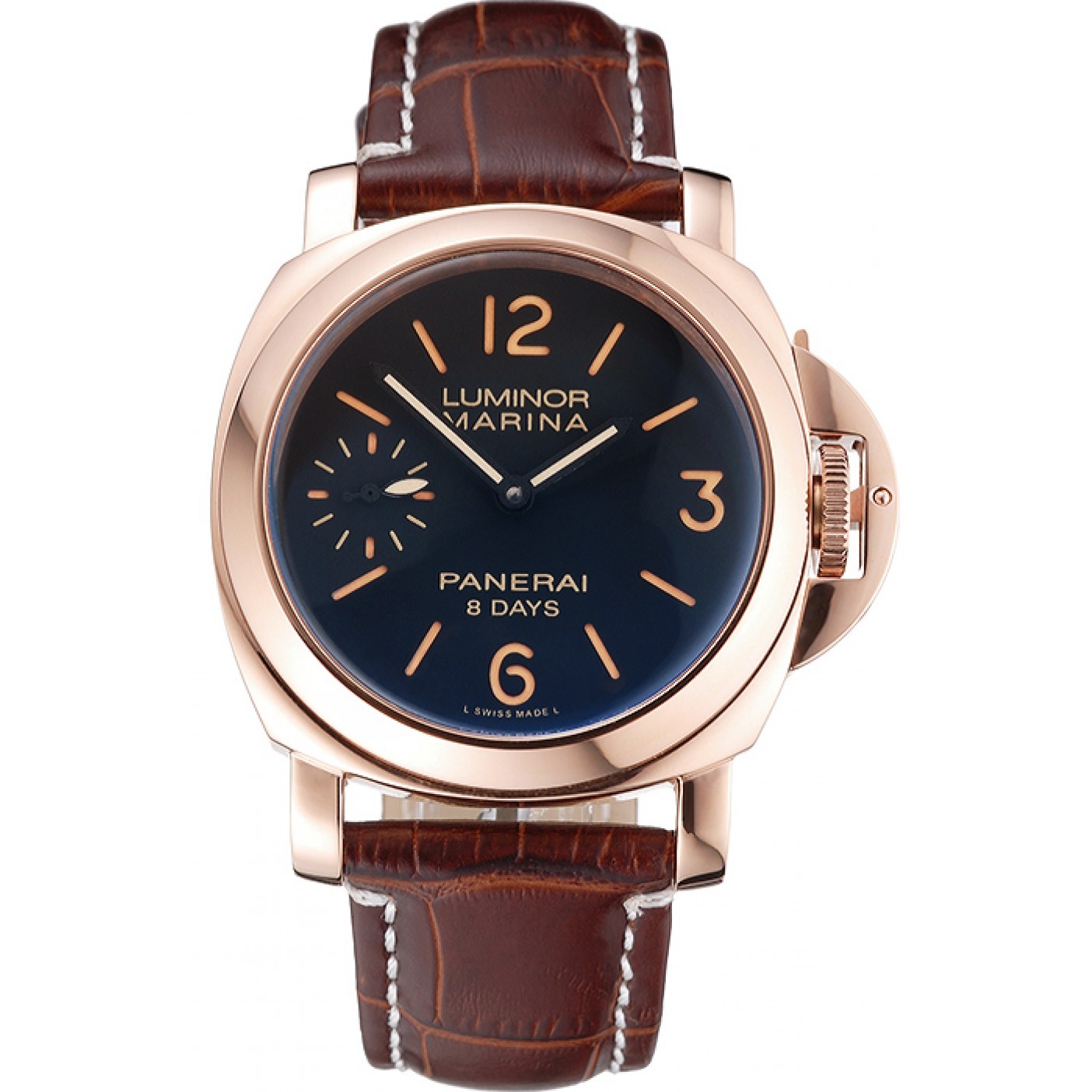 Panerai Luminor Marina 8 Days Black Dial Rose Gold Case Brown Leather Strap