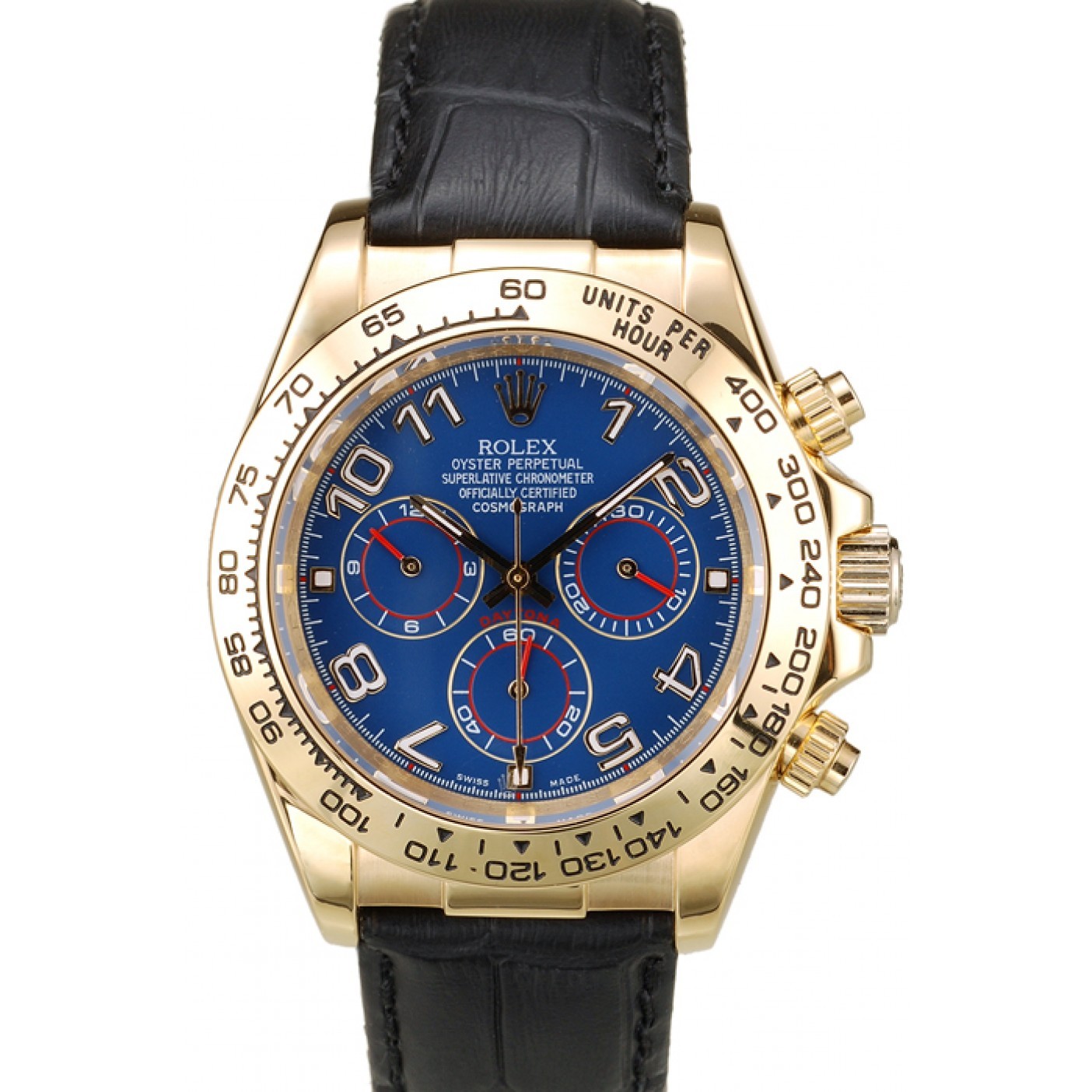 RepTime Watches Rolex Daytona Gold Case Blue Dial Black Leather Strap