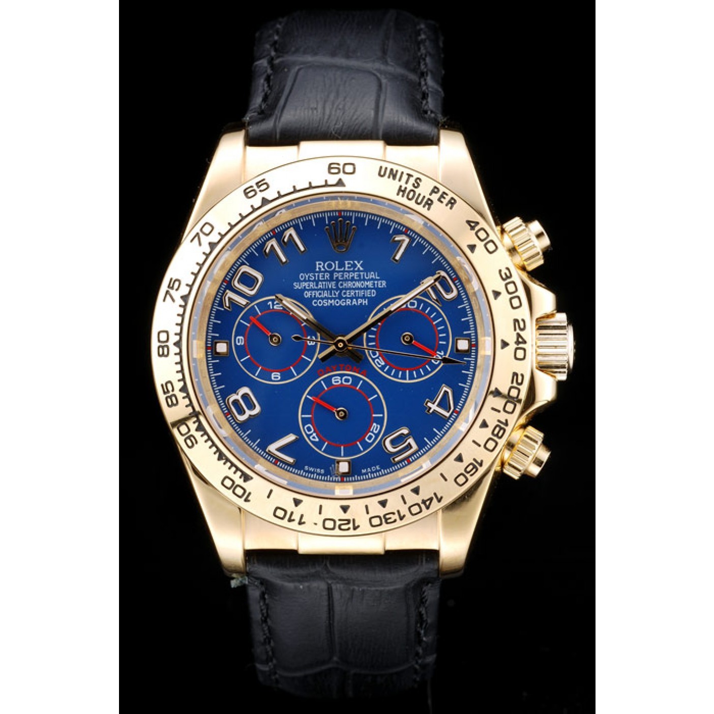 RepTime Watches Rolex Daytona Gold Case Blue Dial Black Leather Strap