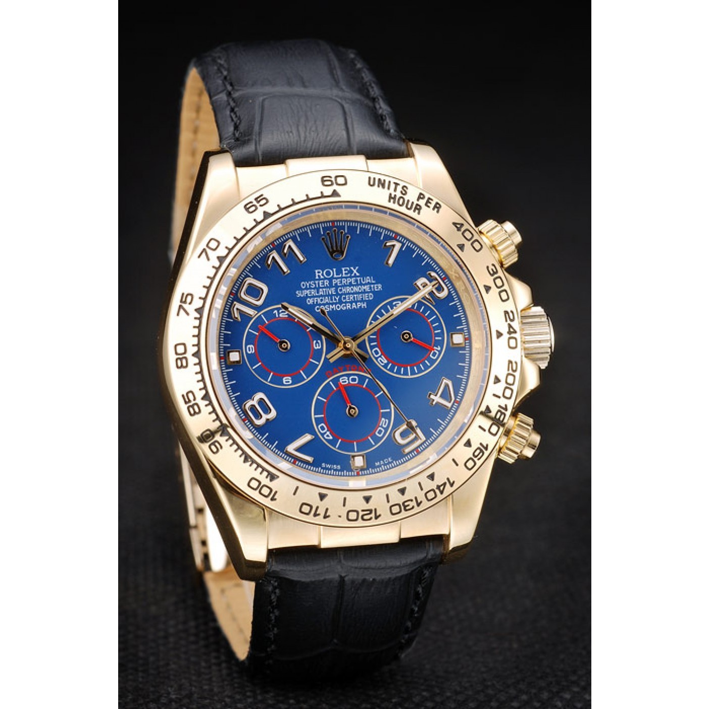 RepTime Watches Rolex Daytona Gold Case Blue Dial Black Leather Strap