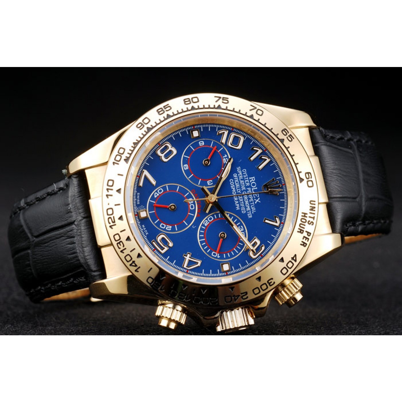 RepTime Watches Rolex Daytona Gold Case Blue Dial Black Leather Strap