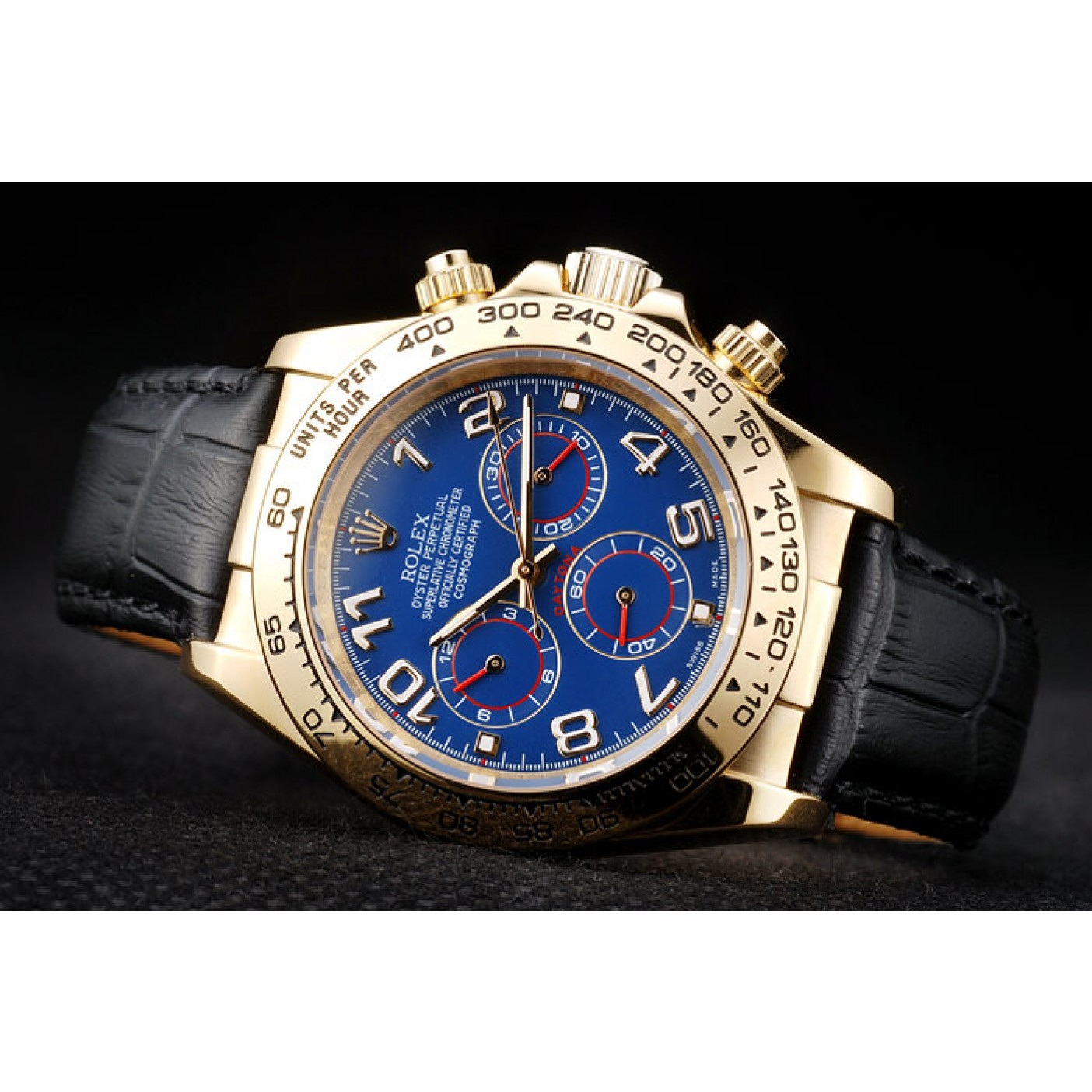 RepTime Watches Rolex Daytona Gold Case Blue Dial Black Leather Strap